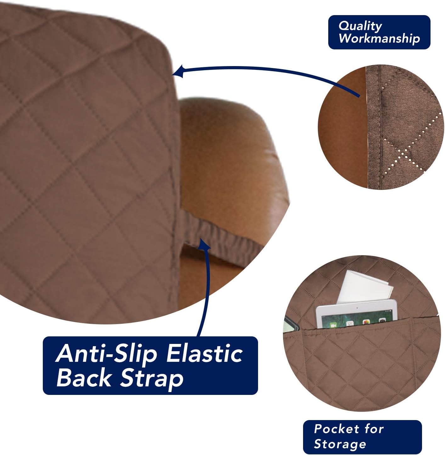 PureFit Reversible Quilted Sofa Cover, Water Resistant Slipcover Furniture Protector, Washable Couch Cover with Non Slip and Elastic Straps for Kids, Dogs, Pets (Oversized Recliner, Brown/Beige)