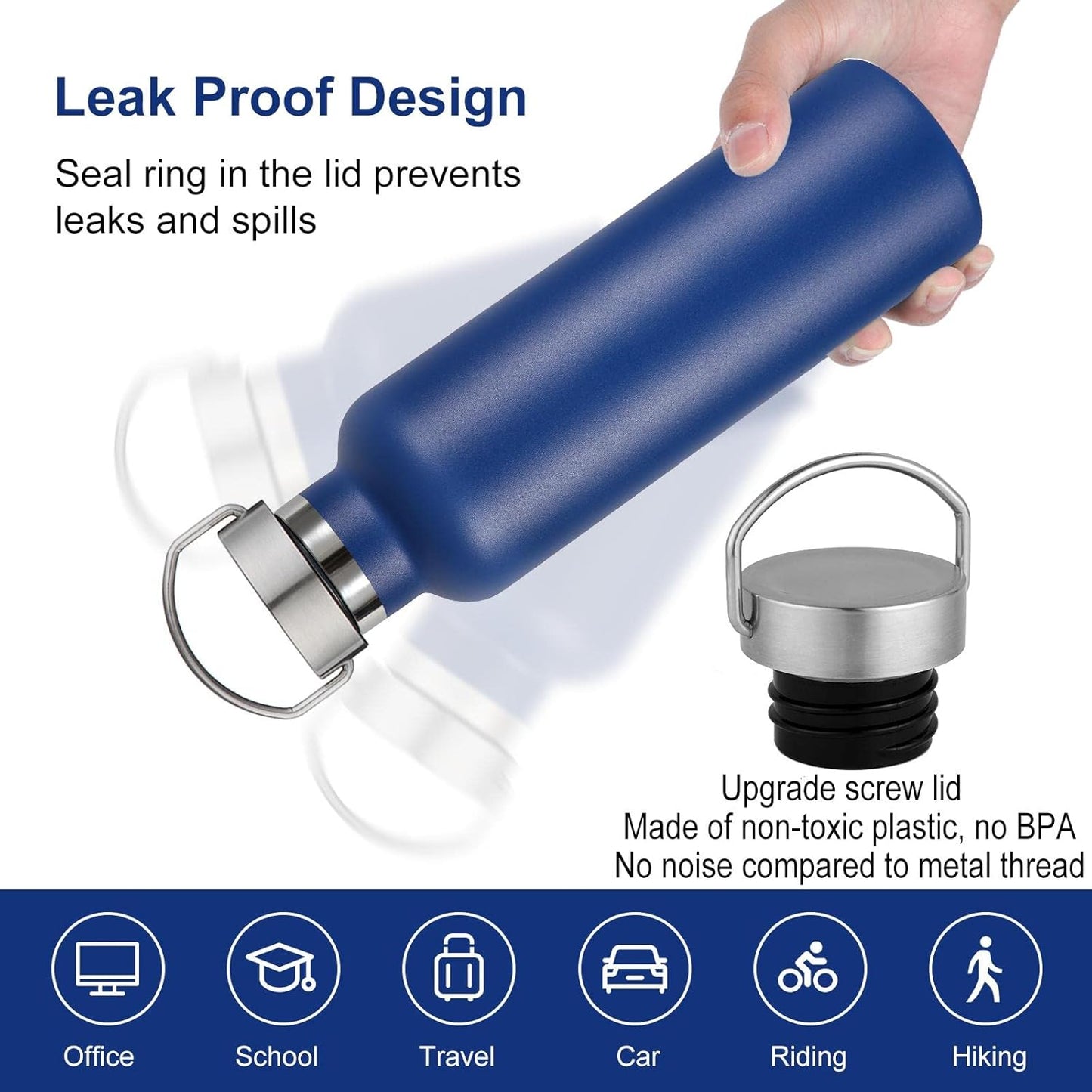 Neihepal 20 oz Insulated Water Bottles Bulk 2 Pack,Stainless Steel Double Wall Sport Bottle with Lid of Handle,Metal Reusable Thermoses Flask with Cup Cap for School,Cyclists,Gift (Navy,Set of 2)