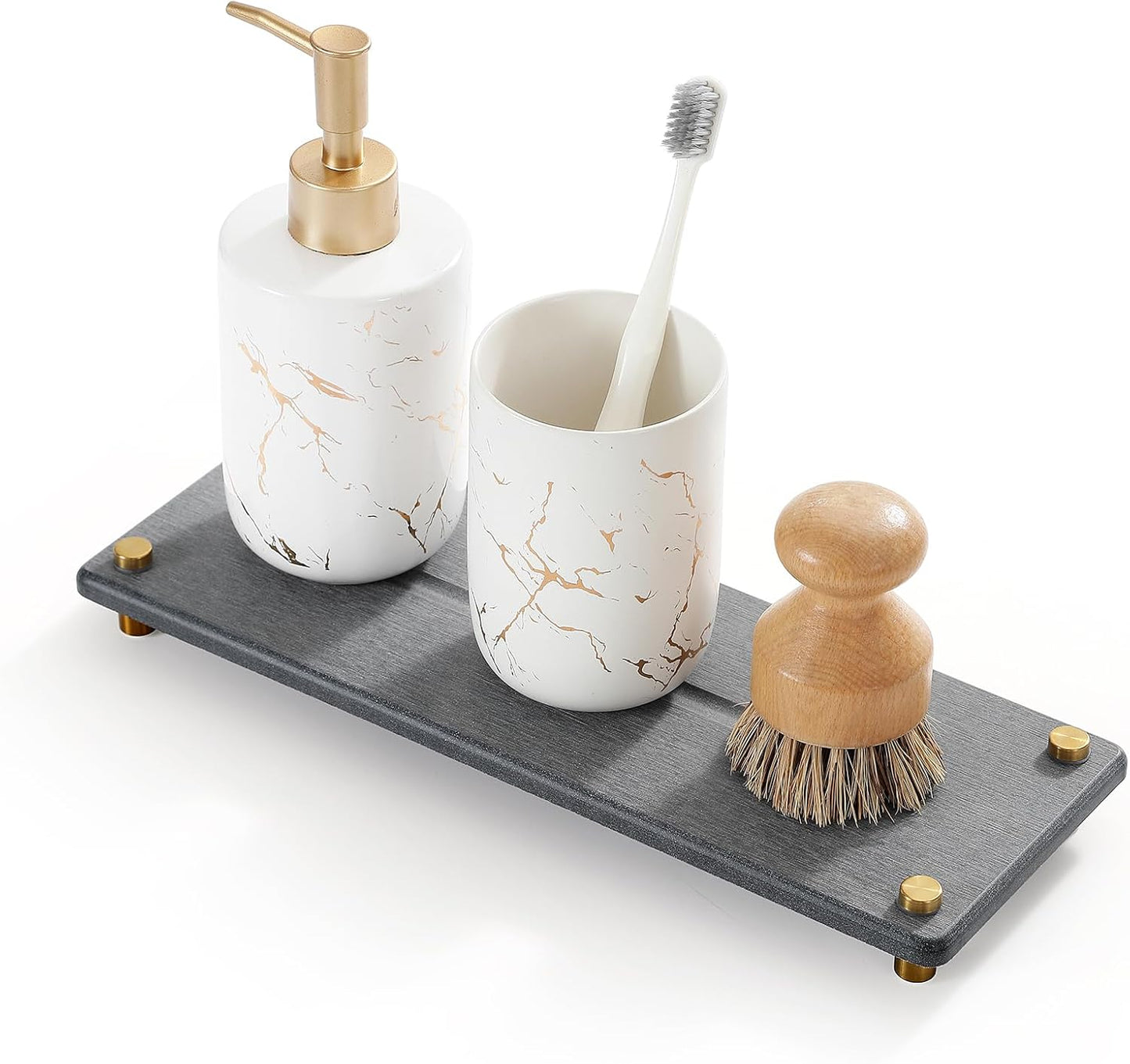 Kitchen Sink Caddy Water Absorbing Stone Drying Tray, Diatomite Bathroom Sink Organizer, Faucet Counter Mat Coaster, Soap Dish Rack Riser Dispenser Sponge Holder, Dark Gray Gold -12.5" x 4.5"