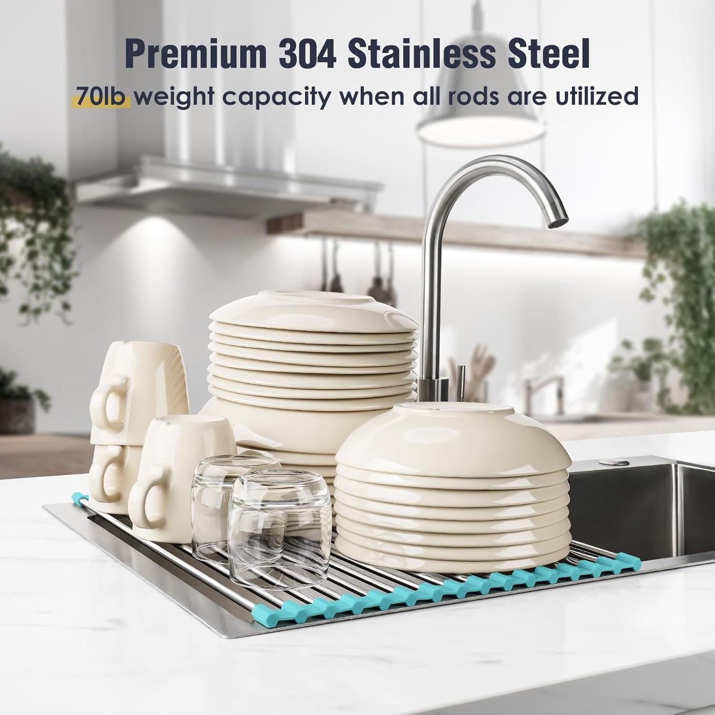 Tomorotec 17.7" x 12.5" Roll Up Dish Drying Rack Over Sink Drying Rack Sink Cover Kitchen Sink Accessories Gadget Multipurpose Organizer Foldable Stainless Steel Drainer