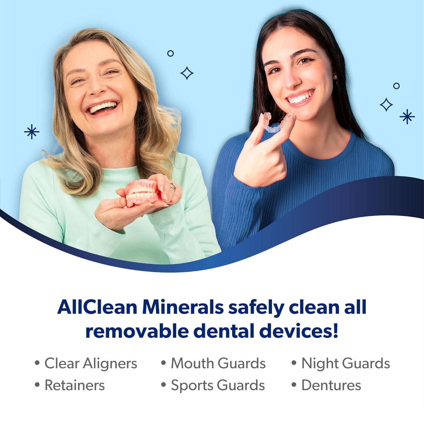 EverSmile AllClean Minerals – Deep Cleaner for Retainers, Clear Aligners, Invisalign, Dentures, Night & Mouth Guards – Removes Stains, Odors & Plaque in 3-Minutes – Up to 120 Uses (300g), 2 Pack