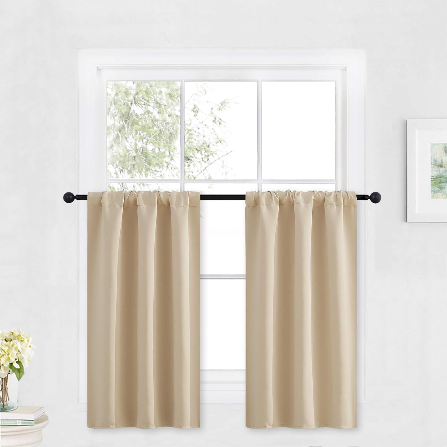 RYB HOME Blackout Curtains Short - Privacy Energy Efficient Window Curtain Panels Room Darkening Shade Tiers Pair for Kitchen Nursery Kids Bedroom, Wide 29 x Long 30 inch, Biscotti Beige
