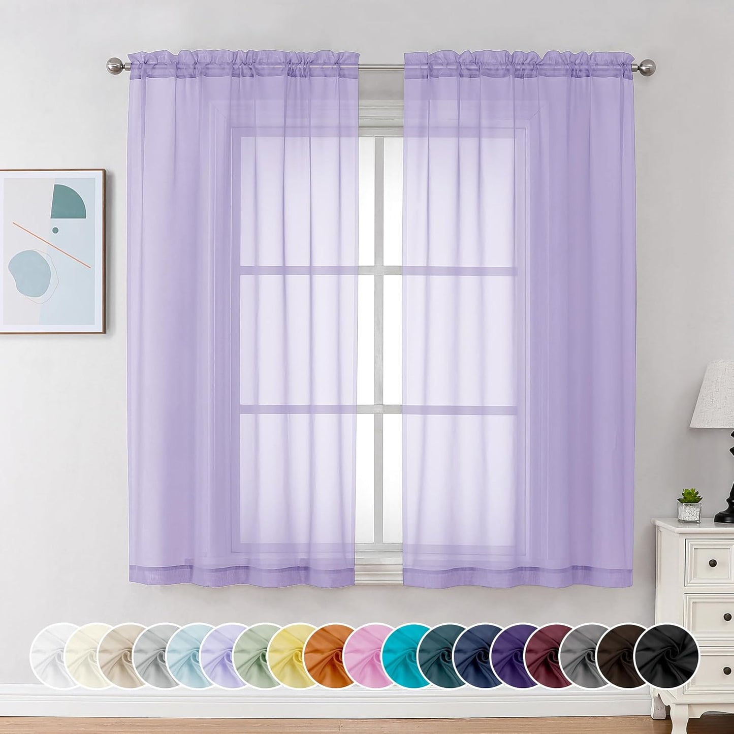 Chyhomenyc Lilac Sheer Curtains 54 Inch Long 2 Panels, Light Filtering Rod Pocket Voile Short Curtains Drapes for Living Room Bedroom Small Windows, 42Wx45L Inches