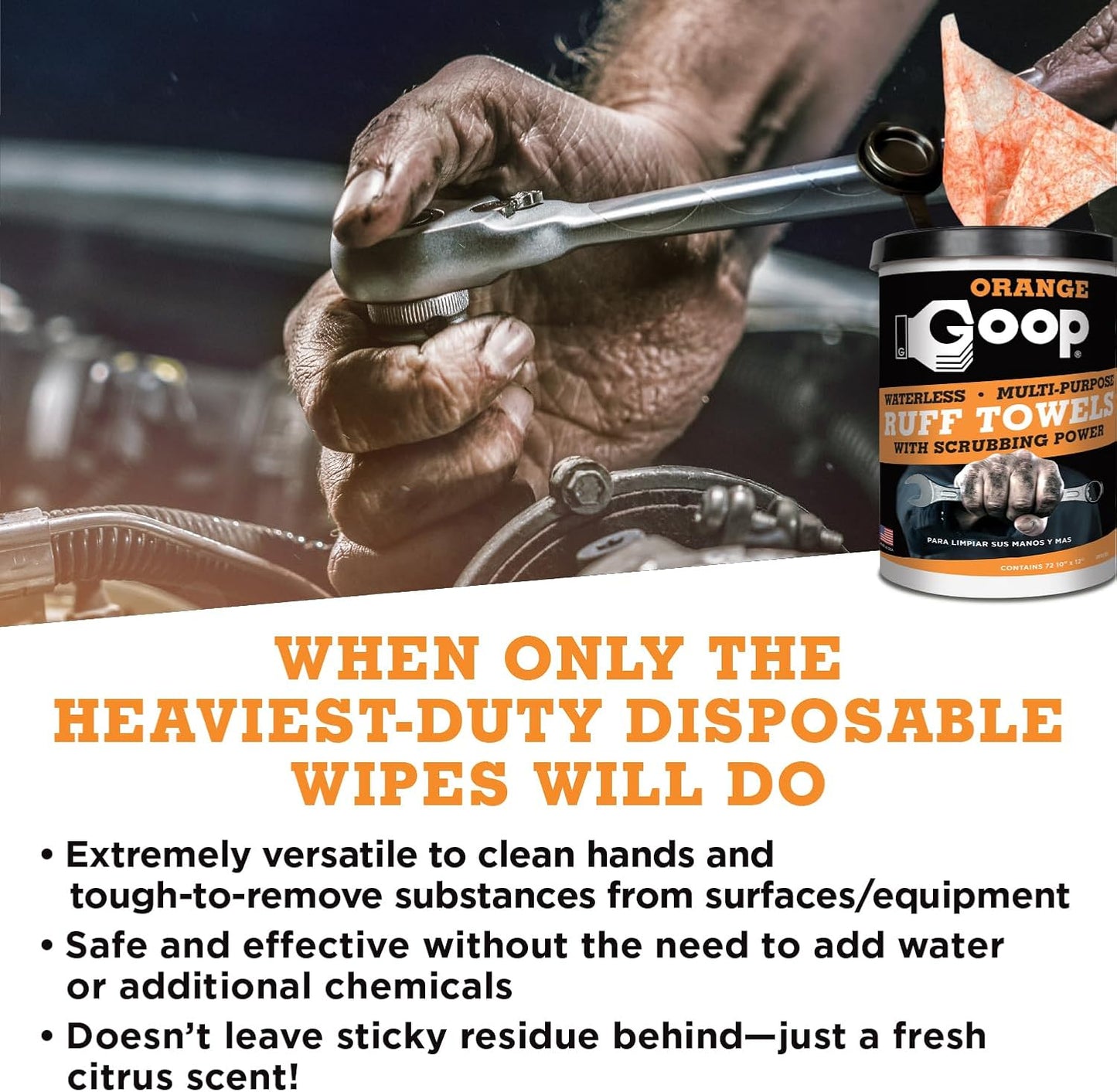 GOOP Orange Heavy Duty Ruff Towels with Scrubbing Power, 10” x 12” Dual Textured Multi-Purpose Cleaning Wipes, Removes Dirt, Grease, Oil, 72 Count