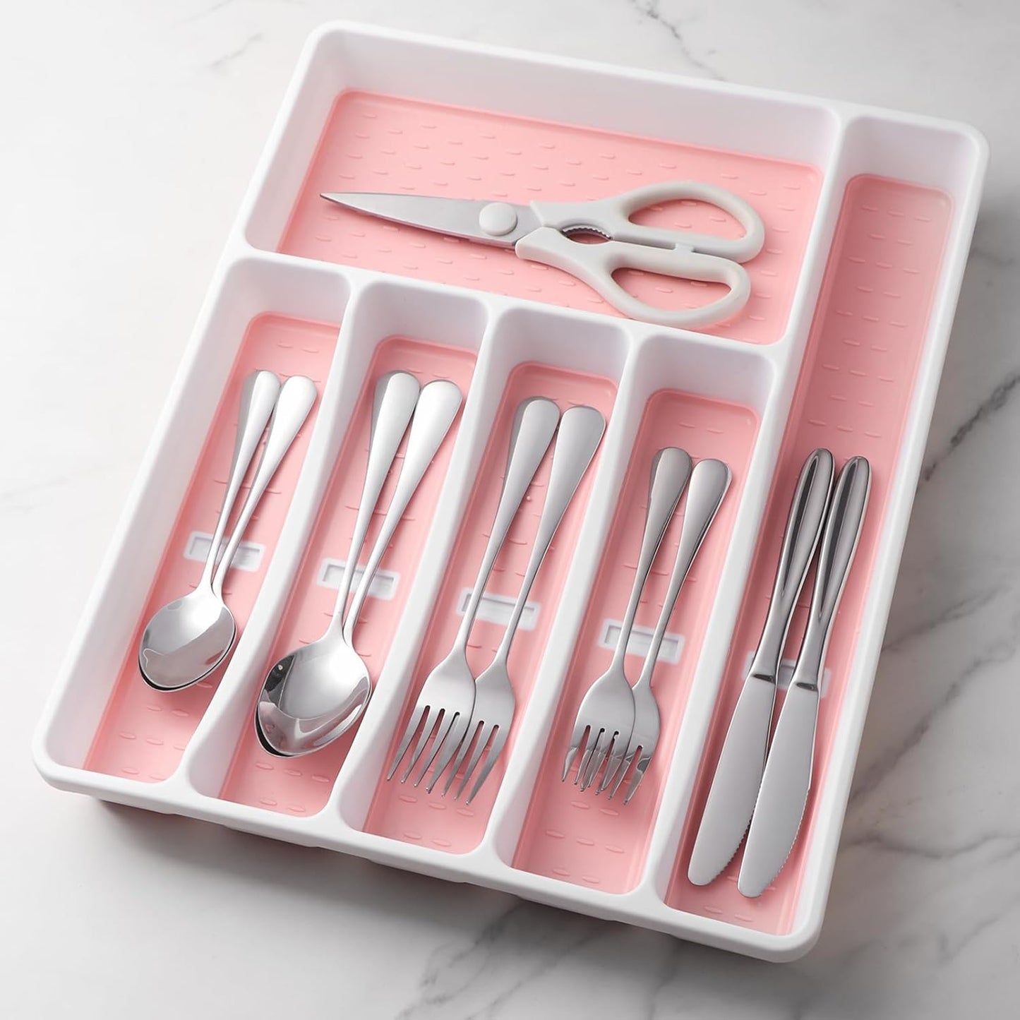 Silverware Organizer with Cutlery Icons，Pink Kitchen Silverware Tray for Drawer，Plastic Flatware Tableware Cultery Drawer Organizer Utensil Organizer with Non-slip TPR Linings，6-Compartment，Pink