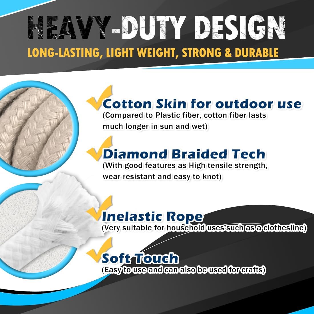 PerkHomy 500lb Cotton Rope 3/16" (5mm) 50 ft Multi Purpose Utility Diamond Braided Cord, Natural Cotton for Clothes Line Camping Crafting Flag Pole, Black