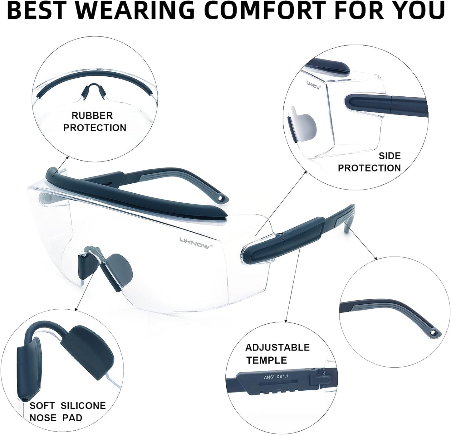 UKNOW Safety Goggles Over Glasses, Safety Glasses Anti Fog Wraparound Eye Protection, Protective Eyewear ANSI Z87.1