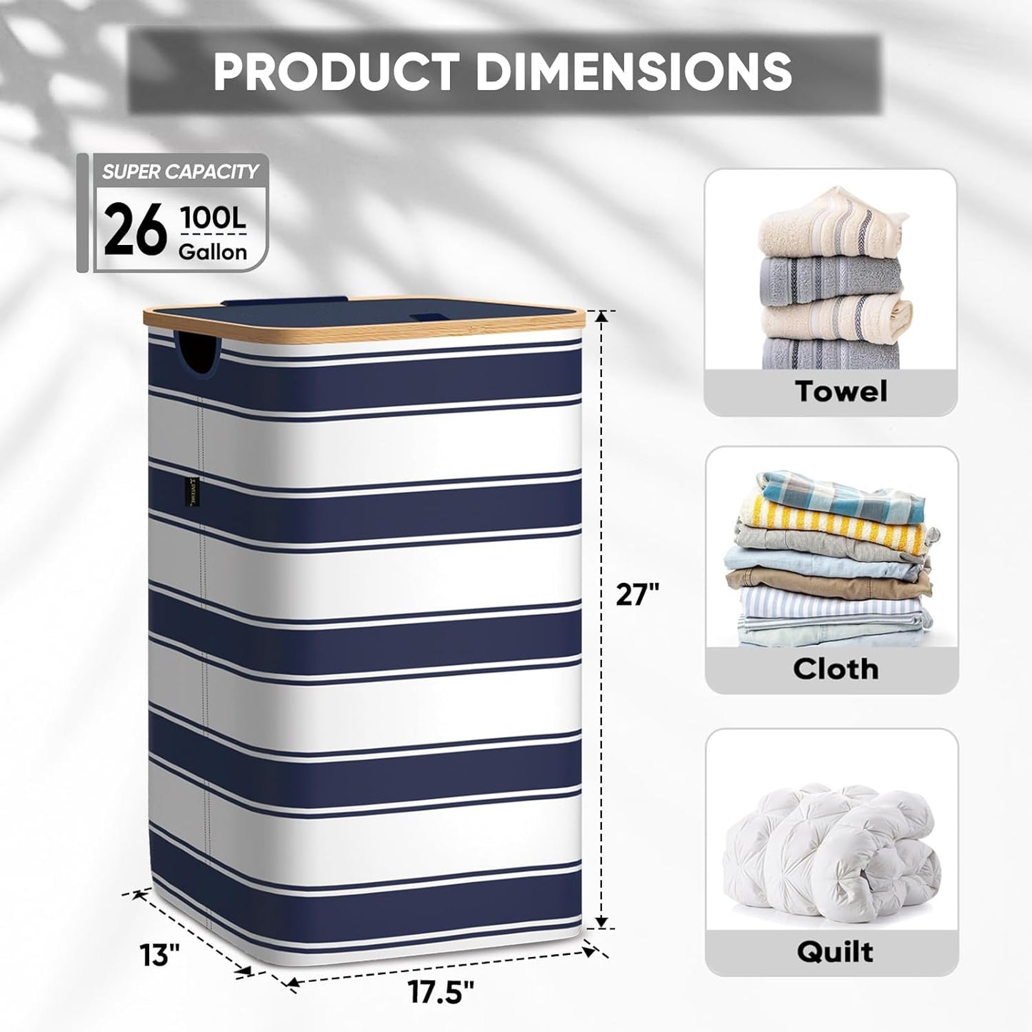 BALEINE Laundry Hamper with Lid, Tall Laundry Baskets with Bamboo Pull Handles, Large Laundry Bin with Internal Support (26 Gal/100L, Blue Stripe)