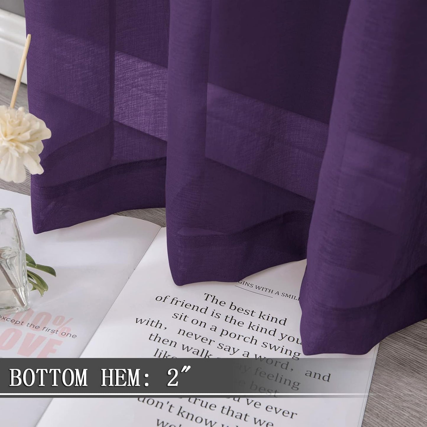 Tollpiz Sheer Curtain Linen Textured Bedroom Curtains Sheer Light Filtering Rod Pocket Voile Curtain for Living Room, 54 x 95 inches Long, Royal Purple, Set of 2 Panels