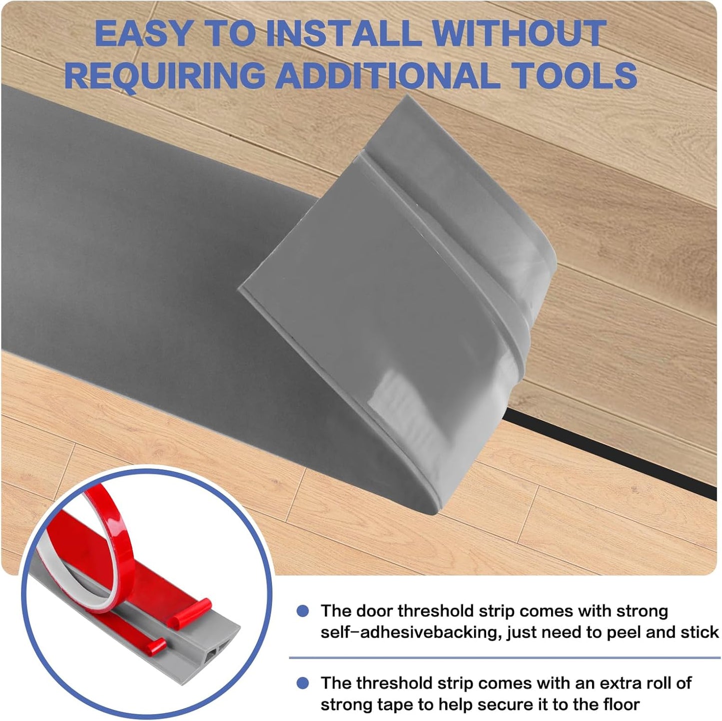 Floor Transition Strip Vinyl Door Threshold Ramp Self Adhesive Carpet Edging Strip Doorway Edge Trim, Overlap Edge Reducer for Laminate Carpet, Floor, Tile (Gray, 1/5" to 2/5", 6.6Ft)