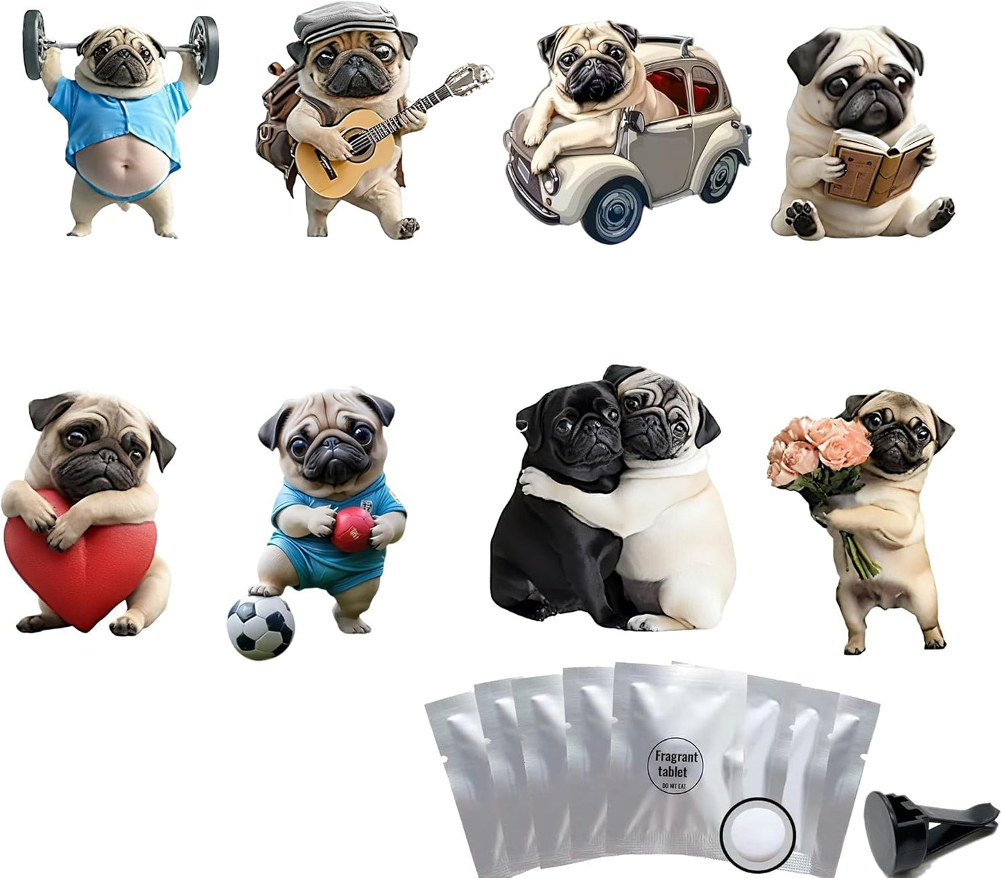 8PCS cute Pug acrylic car vent diffuser, 2D prank Havana cigar car diffuser, cute car freshener, fun and fashionable interior accessories, air outlet clip decoration