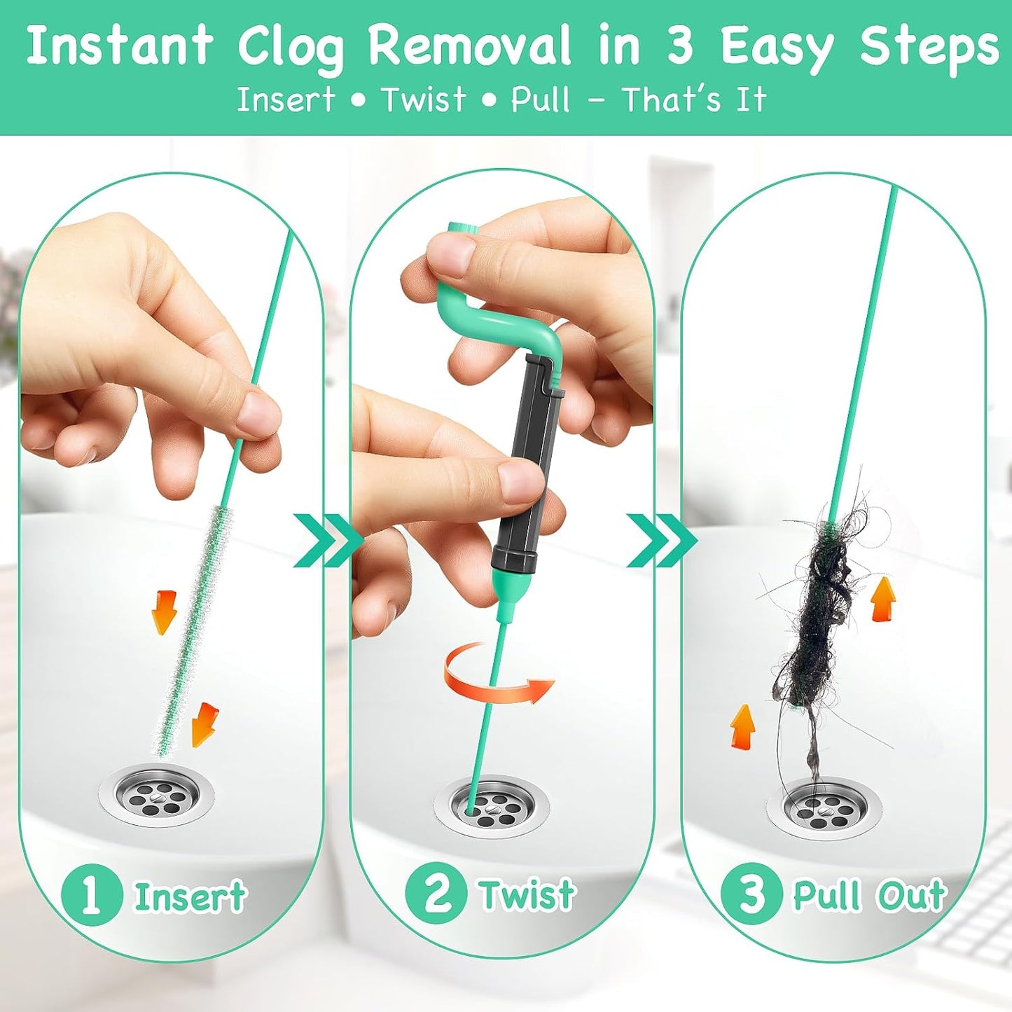 Drain Clog Remover Tool – 30”Anti-break Steel Sink Snake Hair Drain Cleaner Tool, Plumbing Snake with Rotating Handle & 6 Refills, Drain Hair Remover for Shower, Toilet, Kitchen Sink, Bathtub. 6-Pack