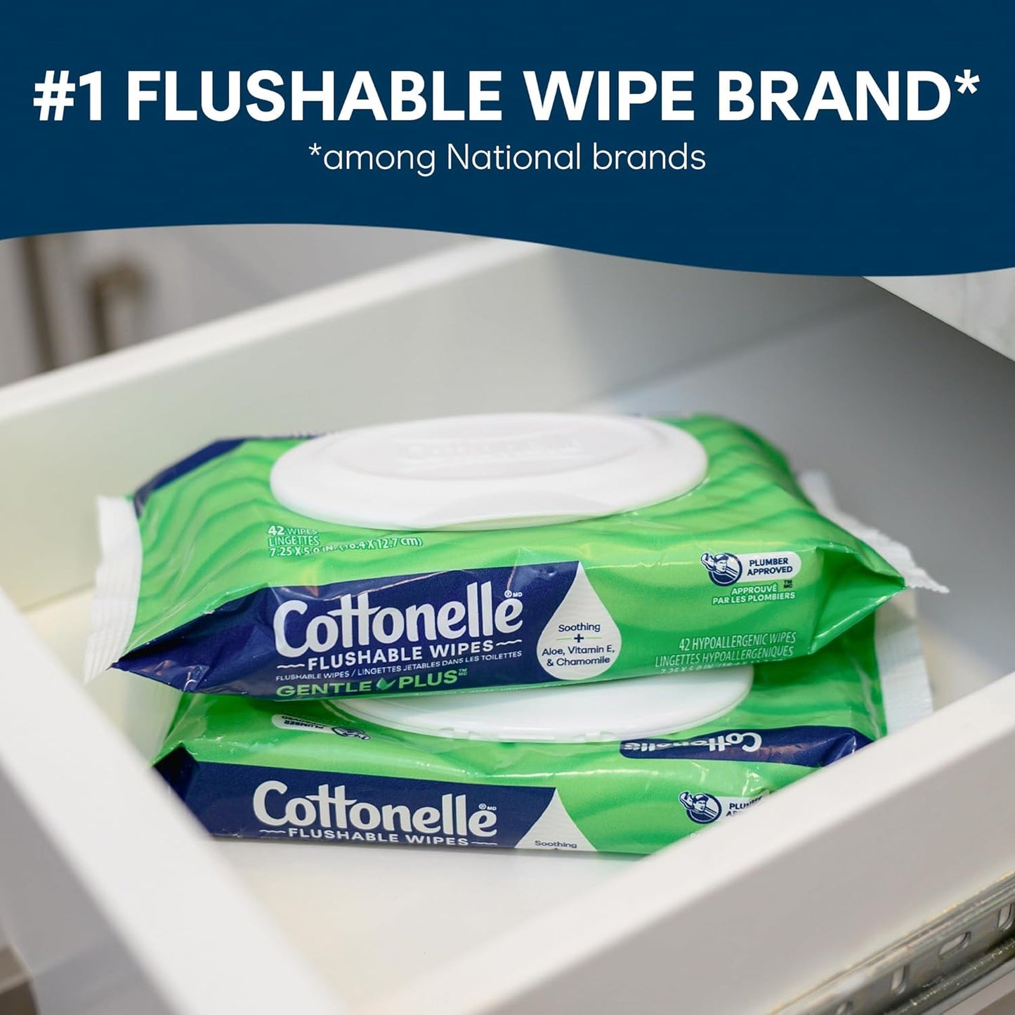 Cottonelle GentlePlus Flushable Wet Wipes with Aloe & Vitamin E, 6 Flip-Top Packs, 42 Wipes Per Pack (252 Total Wipes), Packaging May Vary