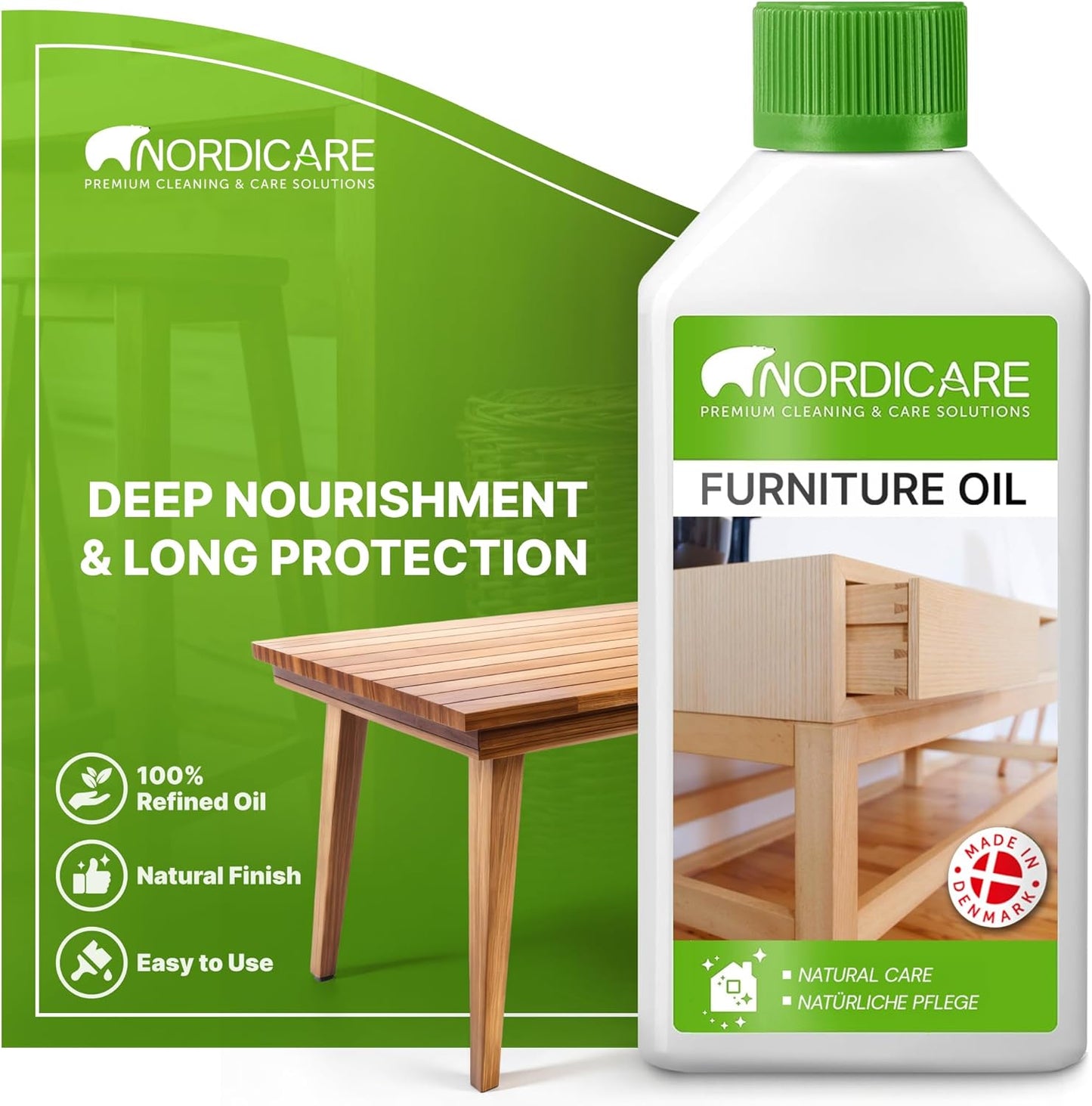 Nordicare Wood Oil Colorless - Premium Walnut Oil, Teak Oil, Wood Oil Furniture for Oak, Beech, Teak, Walnut, Pine, Larch - Natural Furniture Wood Oil - Made in Denmark - for Indoor Use (9.3 oz)