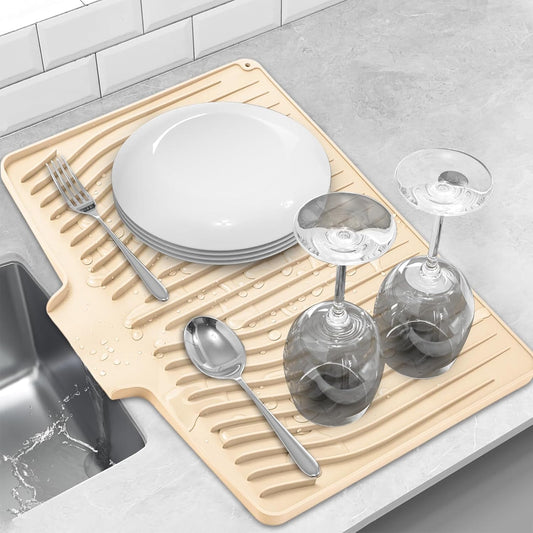 Silicone Dish Drying Mat for Kitchen Counter, Dish Drainer Mat, Non-Slip Drying Pad with Built-in Drain, Kitchen Drying Matt For Counter(18.9" x 11.8", Orange)