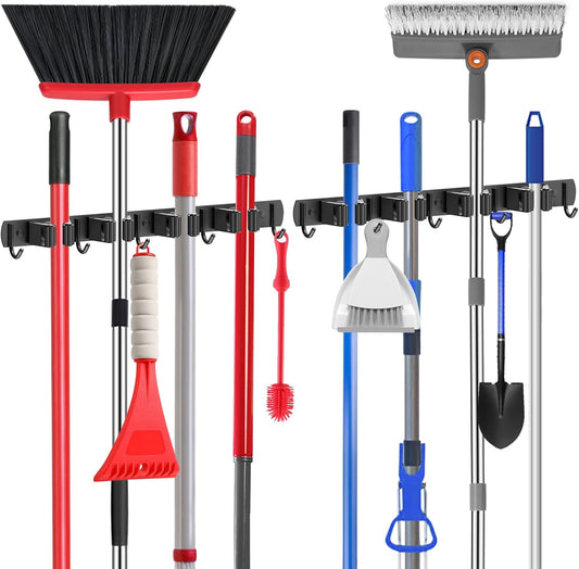 nacena Broom holder Wall Mount, 2-Pack Black Stainless Steel Self-Adhesive Mop and Broom Hooks Heavy Duty Broom and Mop Storage Rack laundry room organization for Kitchen Garden garage