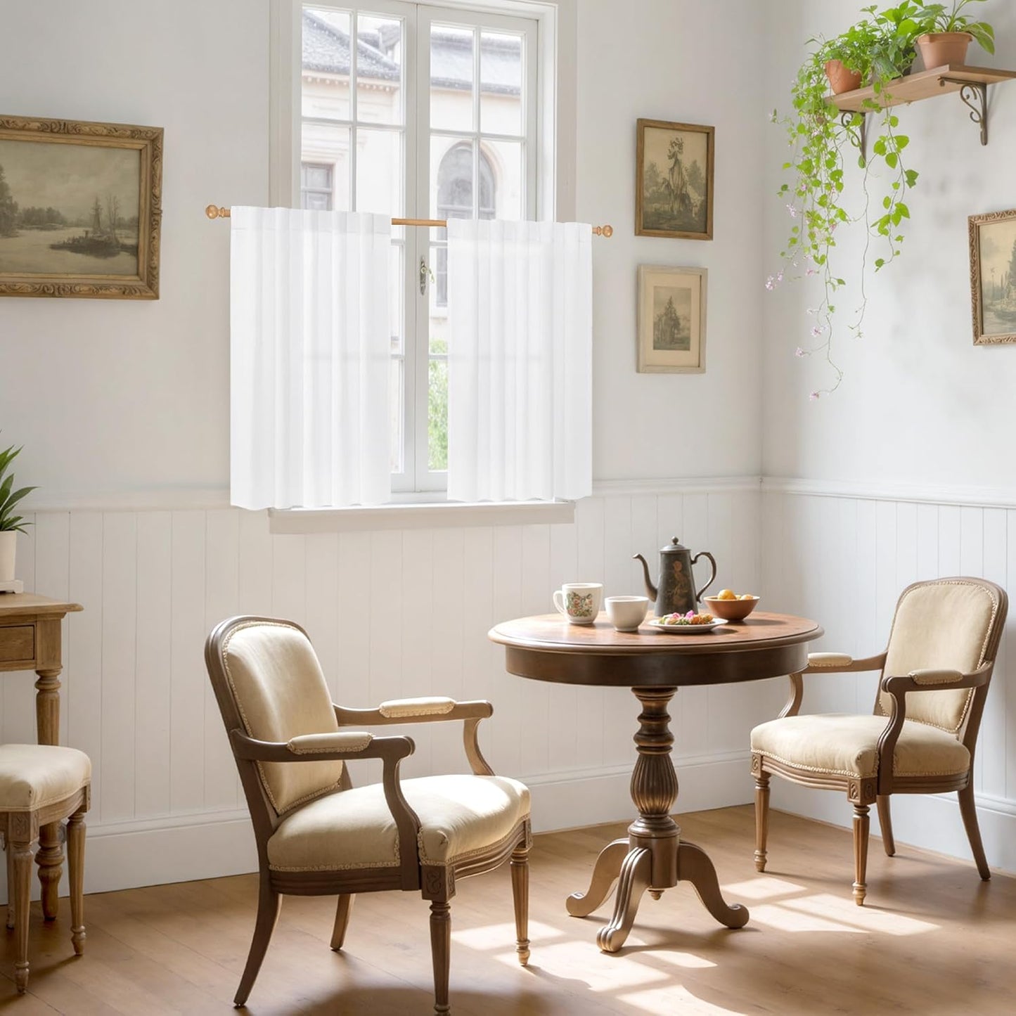 YoungsTex 40 Inch Length White Linen Curtains for Kitchen Window, Rod Pocket Short Semi Sheer Drapes Light Filtering for Bathroom Bedroom Back Tab Small Curtain, 42 X 40 Inch, 2 Panels