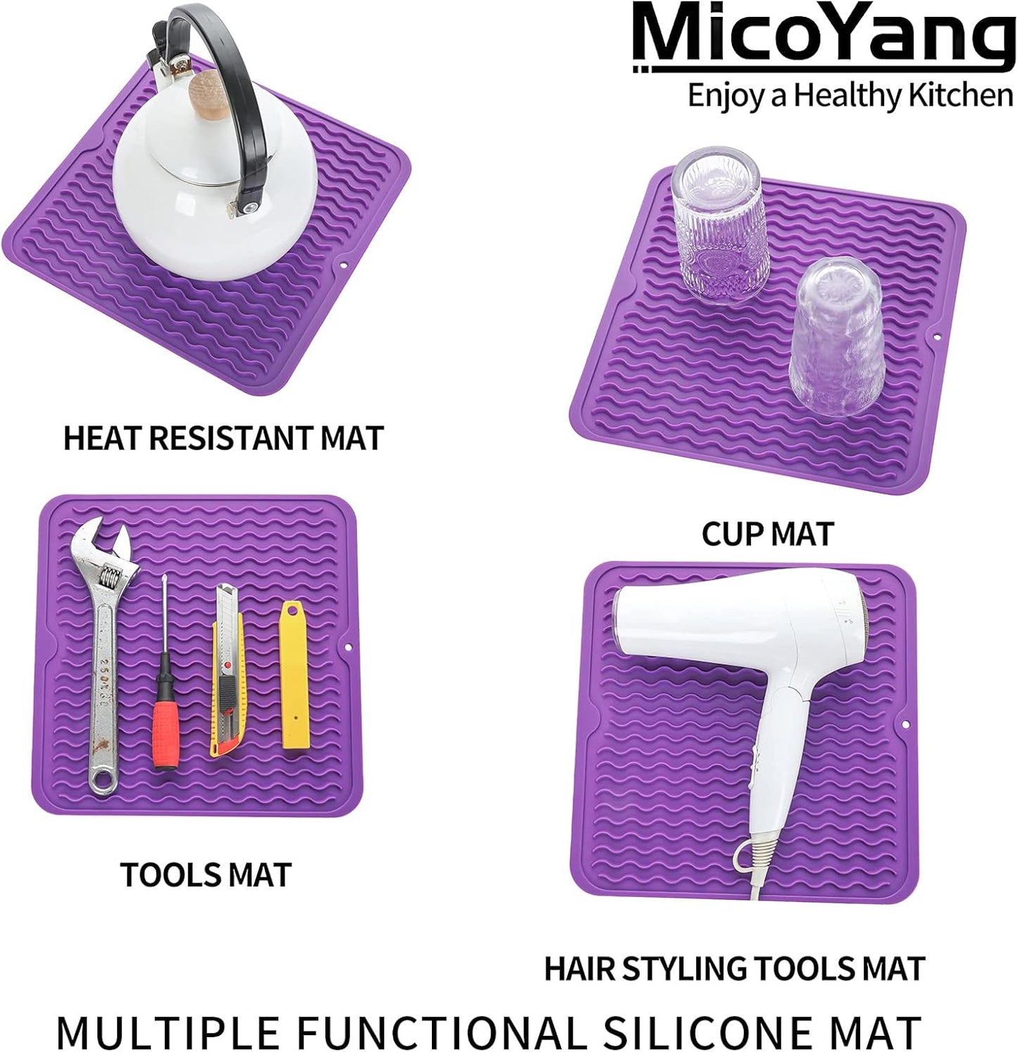 Silicone Dish Drying Mat for Multiple Usage,Easy clean,Eco-friendly,Heat-resistant Silicone Mat for Kitchen Counter or Sink,Refrigerator or Drawer liner Purple M 12 inches x 12 inches