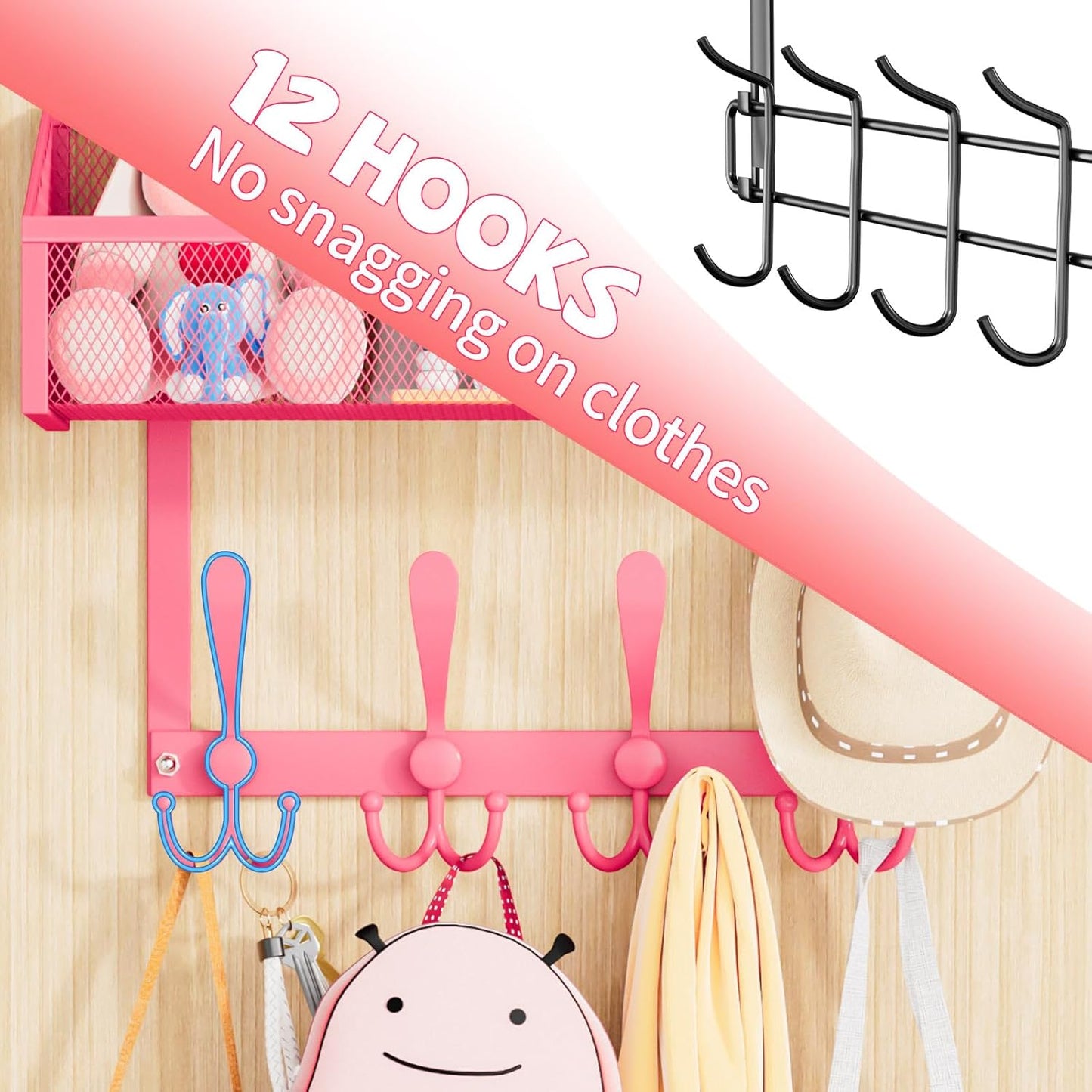 Over The Door Hooks Organizer, Coat Rack Over The Door Storage Hanger Towel Rack, Back of Storage Organizer for Bathroom,Bedroom,Kitchen,Office(Pink 2-Tier)