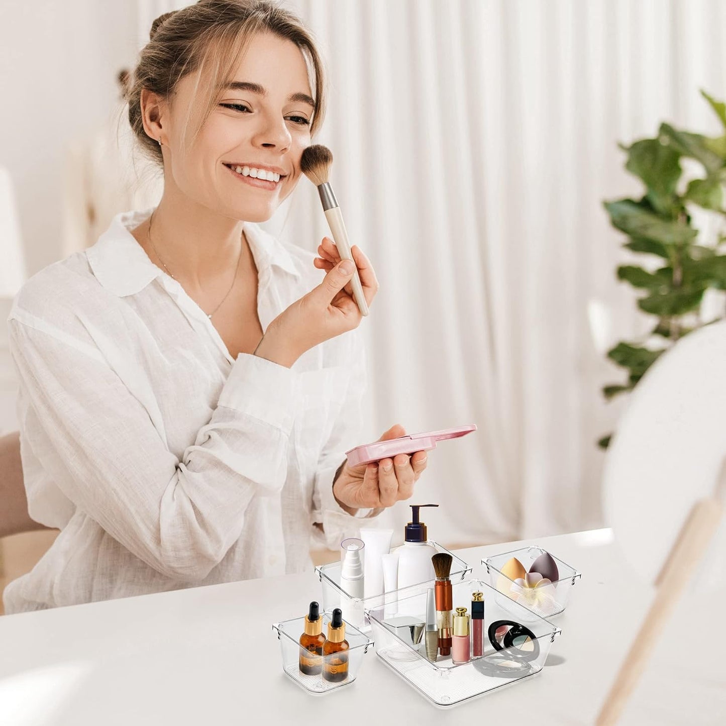 Ravinte 6 Pack Drawer Organizer - 3" X 3" Plastic Storage Bins, Acrylic Organizers with Non-Slip Pads Clear Desk Storage Tray for Makeup, Jewelries, Kitchen Utensils, Bathroom and Office