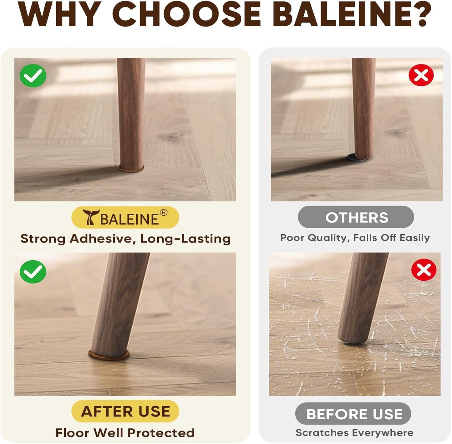 BALEINE 300PCS Felt Furniture Pads, Multi-Size Felt Pads for Chair Legs, Tables, Beds, Scratch-Reducing Floor Protectors for Hardwood Floors, Tile, Vinyl, and Laminate (300PCS, Beige+Brown)