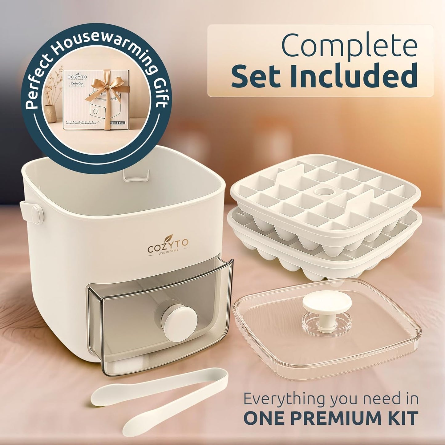 COZYTO CubeGo Ice Cube Tray with Lid and Storage Bin – One-Press Release, 48 Mini Ice Cubes, BPA-Free, Odor-Proof, Includes Scoop – DIY Fruit Ice for Cocktails, Drinks & Smoothies (Cream White)