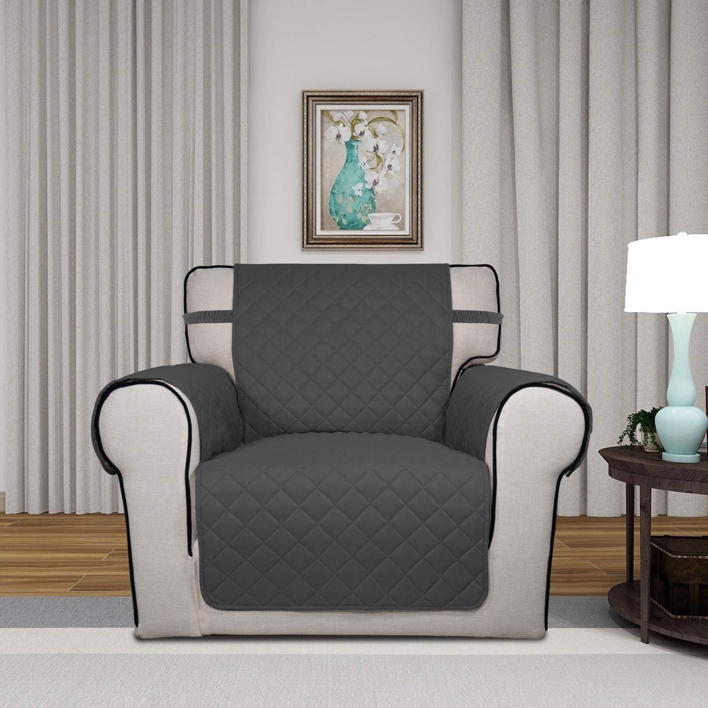 PureFit Reversible Quilted Sofa Cover, Water Resistant Slipcover Furniture Protector, Washable Couch Cover with Non Slip and Elastic Straps for Kids, Dogs, Pets (Chair, Dark Gray/Beige)