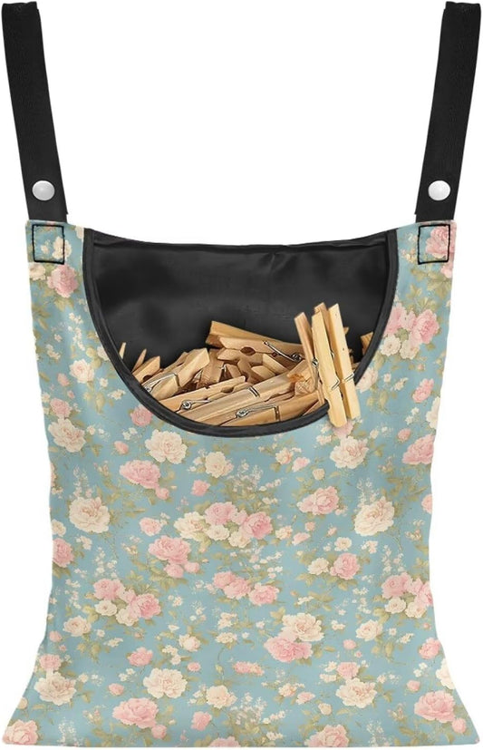 Clothes Pin Hanging Bag with Big Opening Storage Clothes Pins & Mini Clothespins Fits Retractable Clothes Line Outdoors - Flowers Pink