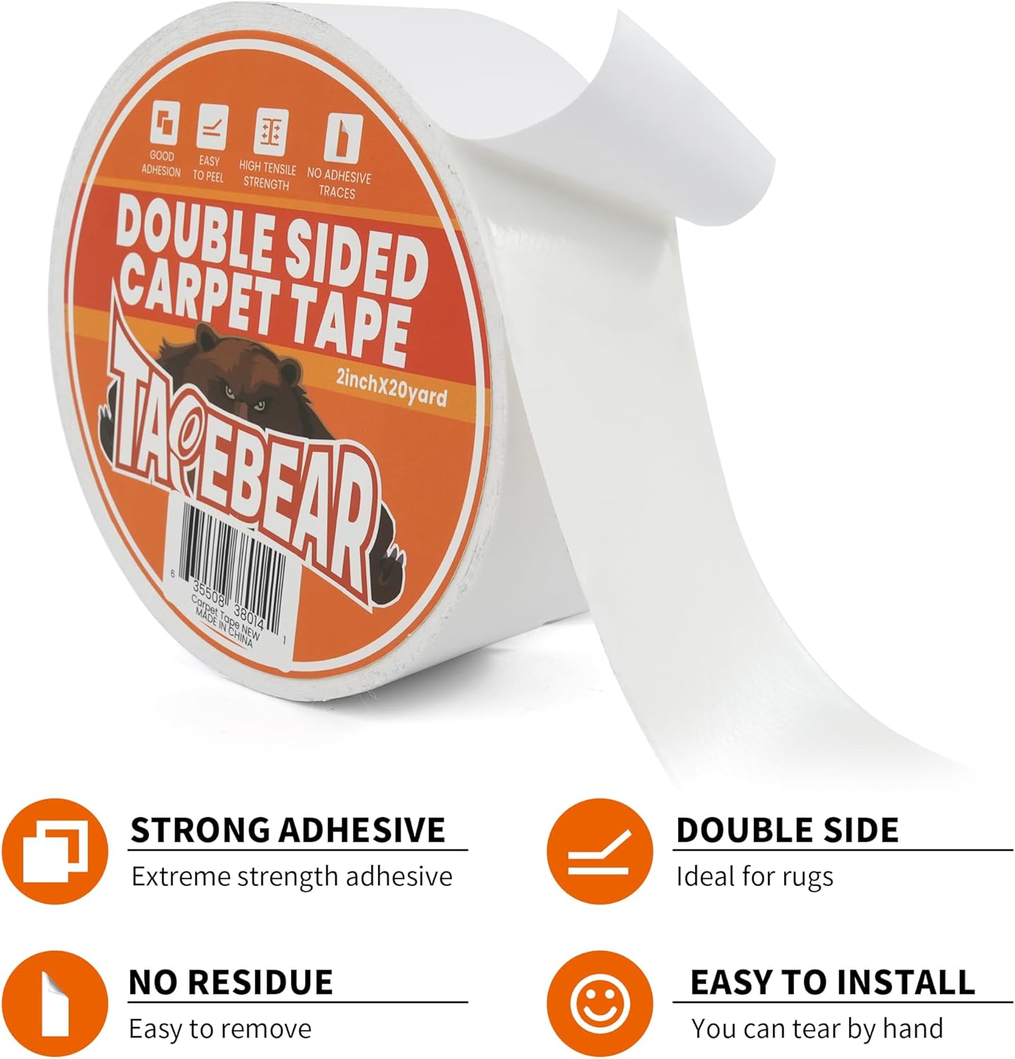 TAPEBEAR Double Sided Carpet Tape 2Inch x 20Yards x 2Rolls, Heavy Duty Rug Tape Residue-Free Carpet Gripper for Area Rugs, Wood, Floor, Multipurpose Gripper Non Slip Tape, White