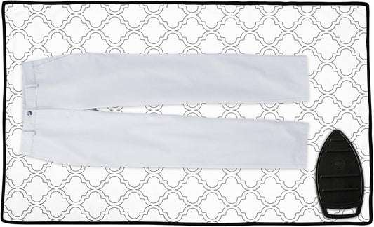 Encasa XO Ironing Mat/Pad (Large 48"x28") with 3mm Padding & Silicone Iron Rest for Steam Pressing on Tabletop or Bed - Heat Resistant, Portable, Quilting & Travel Blanket - White Tiles