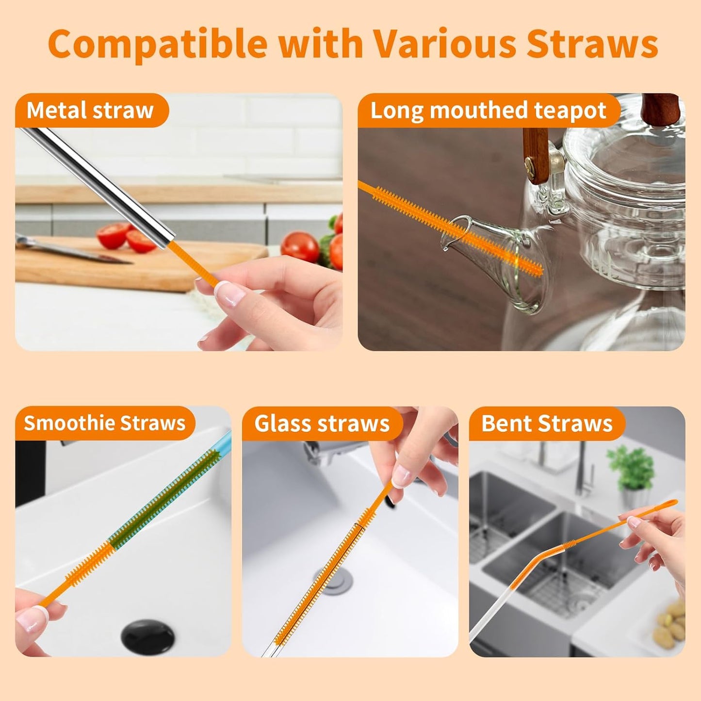 2Pcs Silicone Straw Cleaner Brush, 9.84in Reusable Straw Cleaner with Bendable Steel Core, Extra Long Soft Bottle Brush for Clearing Glass Straws, Smoothie Straws, 9mm&6mm (Orange)