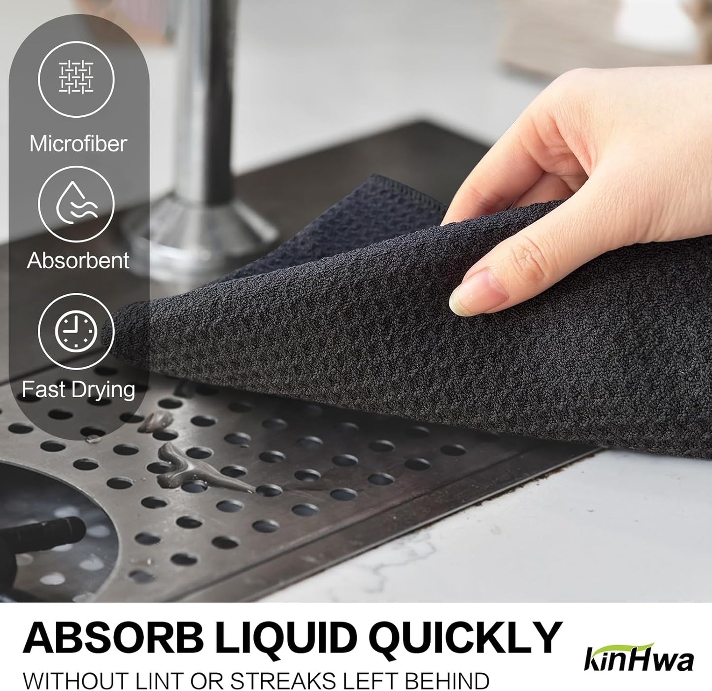 KinHwa Kitchen Washcloths for Dishes Absorbent Microfiber Dish Cloths Quick Dry Dish Rags with Poly Scour Scrub Side Ideal for Kitchen Cleaning (Black-T, 15inchx27inch 6 Pack)