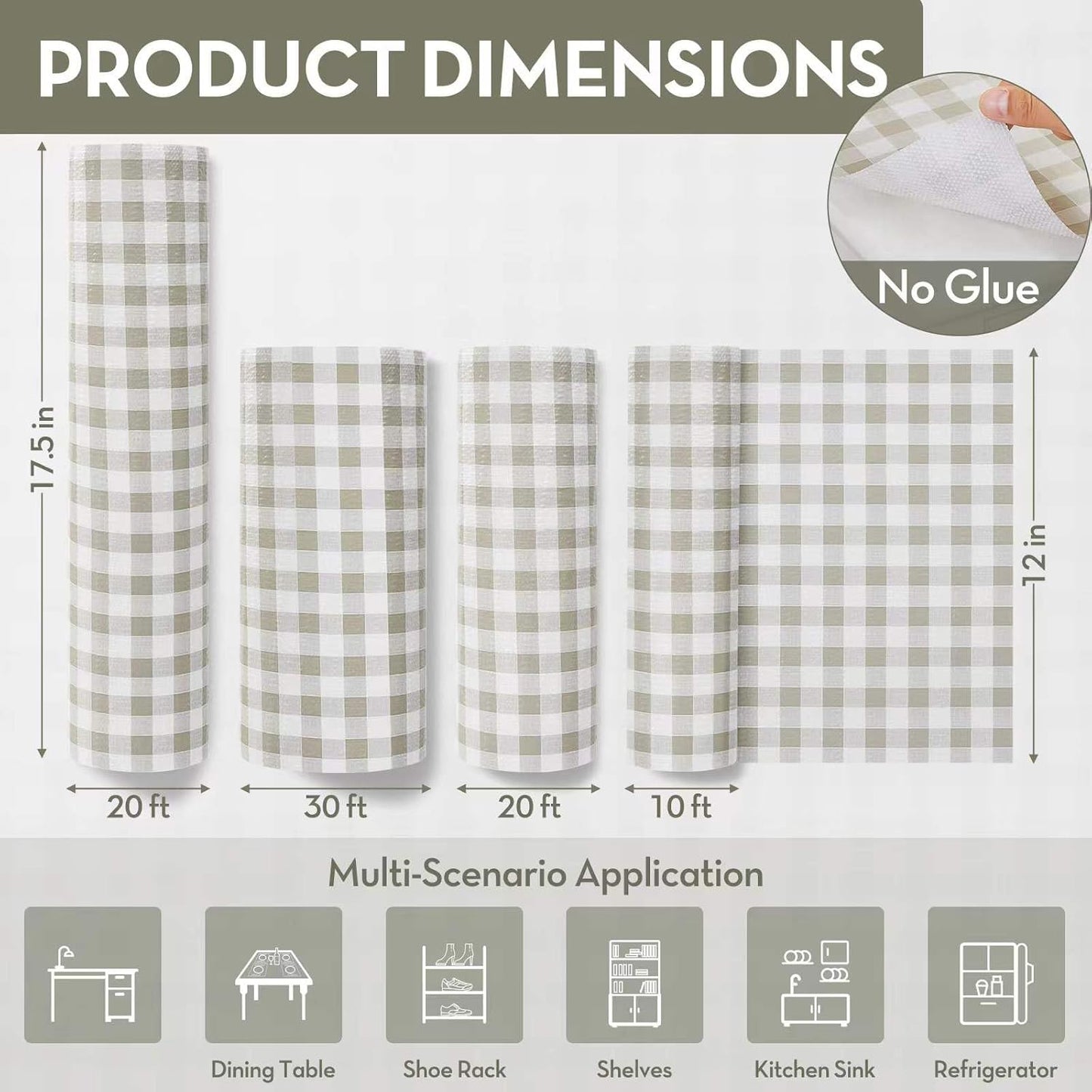 Drawer Shelf Liner, Non-Slip Kitchen Cabinet Liners Non-Adhesive Thick Strong Grip Waterproof Mats Protect Dresser Shelves Cupboard Bathroom Cabinets, Green Plaid, 17.5 in X 20 FT