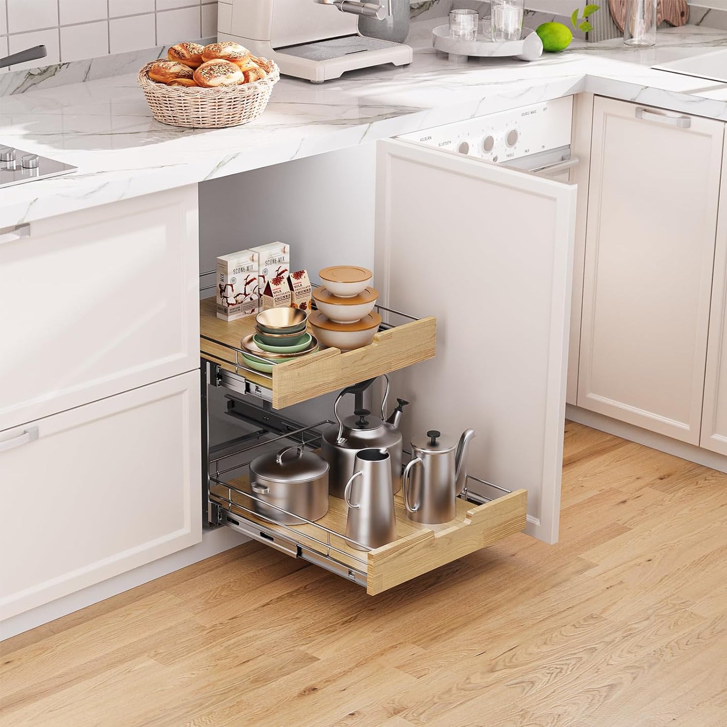 Pull Out Cabinet Organizer,Heavy-Duty Slide Out Shelf, Wood and Wire Basket, Pull Out Drawer for for Kitchen Under Sink Space, Pantry, Bathroom, 2 Tie 23 * 21 in