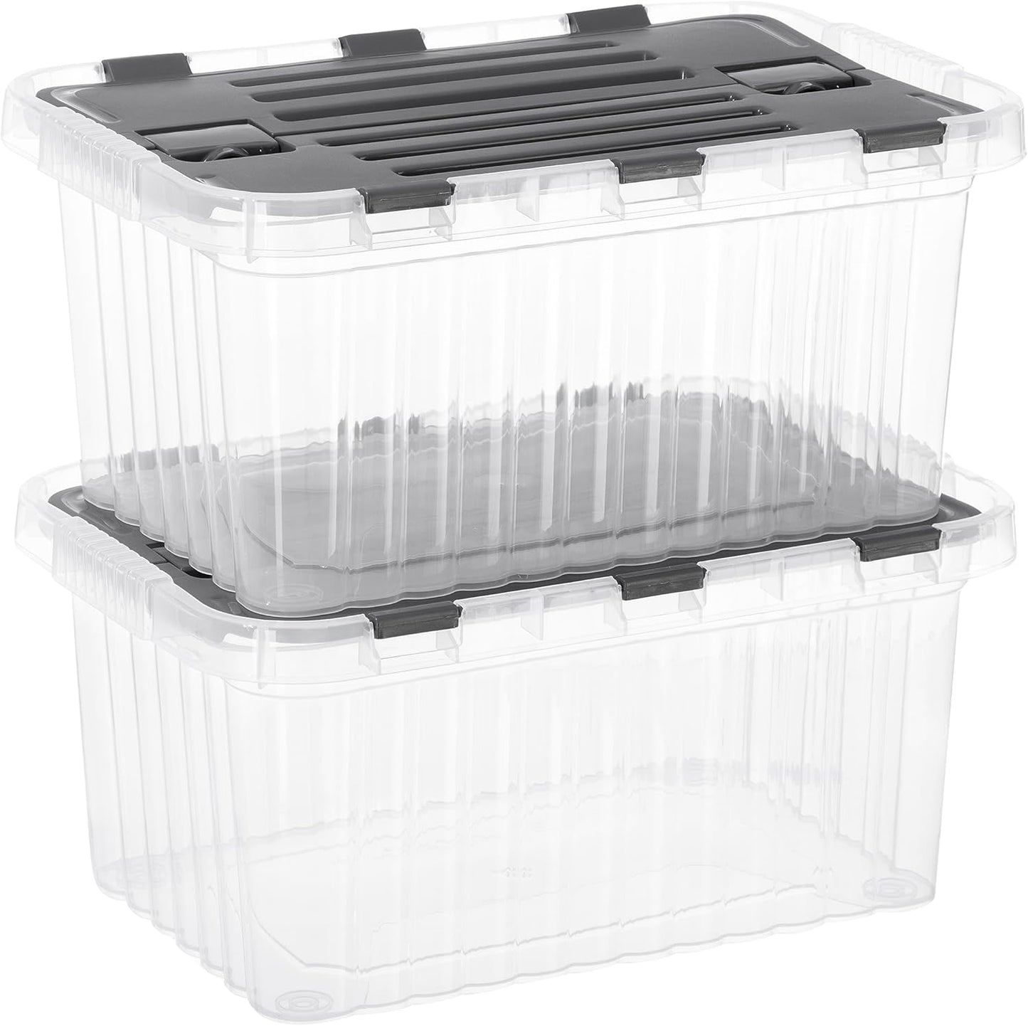 Superio Clear Storage Boxes with Attached Lids, Plastic Container Bins with Hinged Lids for Organizing, Stackable Crates, BPA Free, Non Toxic Organizers (2 Pack, 17"x11.65"x8.75")