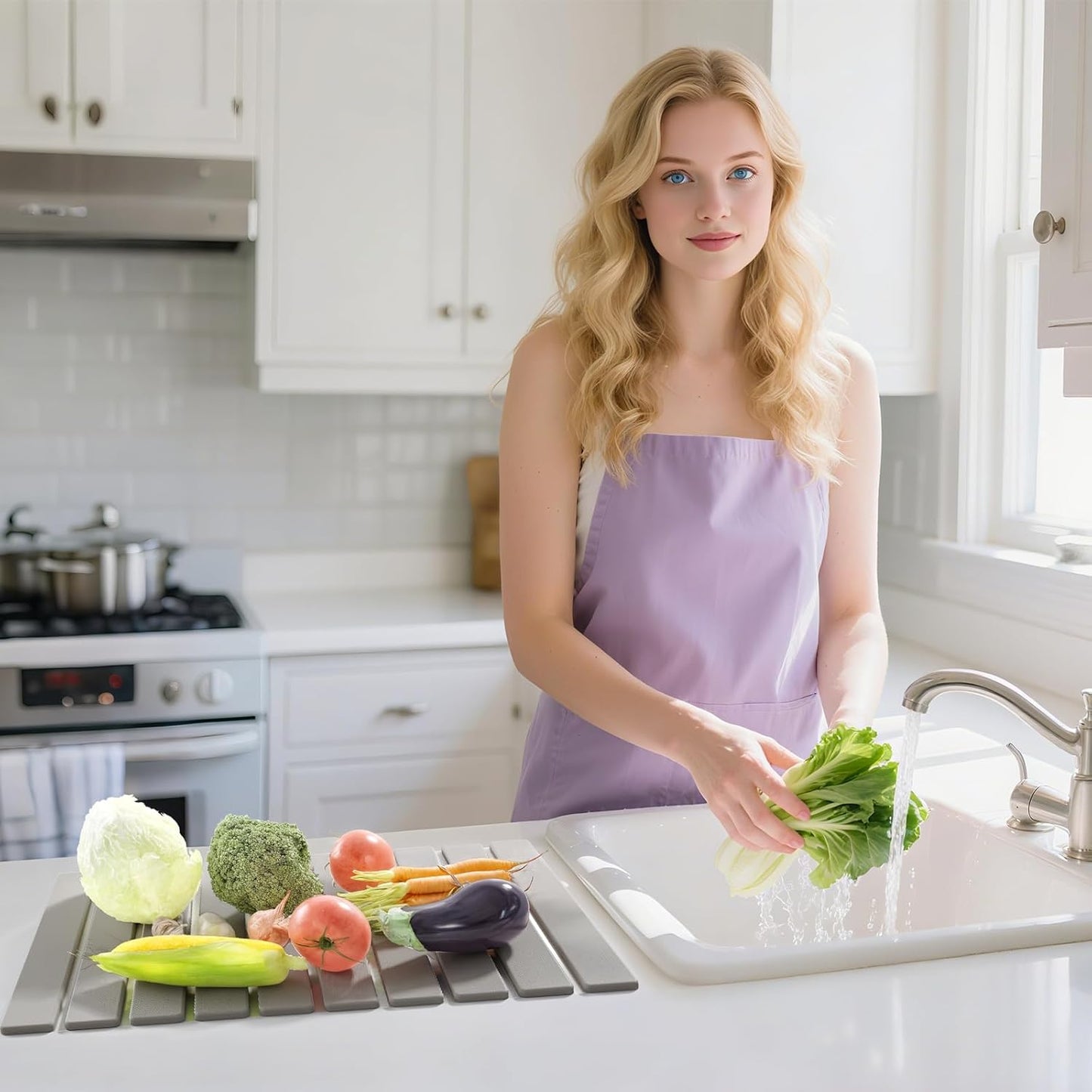 Stone Dish Drying Mats for Kitchen Counter-23.6''x15.3'' Foldable Quick Dry Stone Mat Kitchen,Eco-Friendly,Absorbent Diatomaceous Earth Mats for Dishes Bottles Cups Bathroom Any Countertop-Light Gray