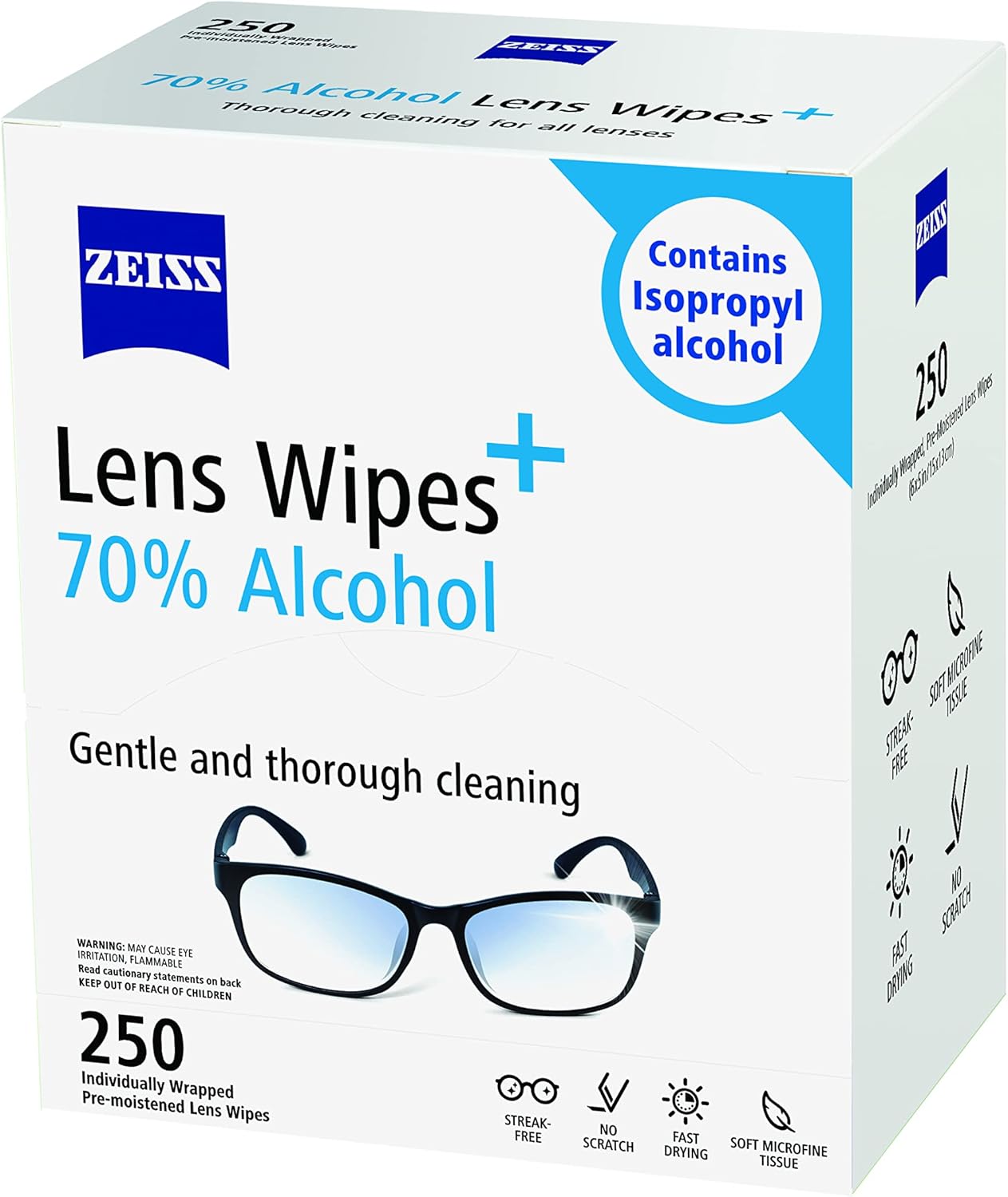 ZEISS Pre-Moistened Lens Cleaning Wipes with 70% Alcohol, 250 Count