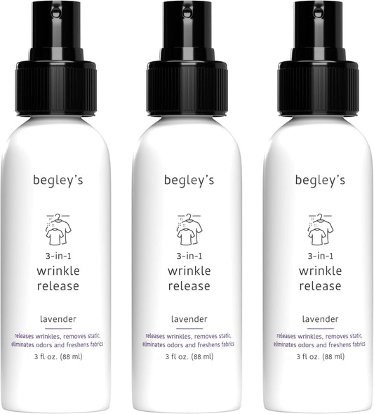 Begley's 3-in-1 Wrinkle Remover, Quick Fix Wrinkle Release, Static Cling Remover, Odor Eliminator and Fabric Refresher Spray - USDA Certified Biobased - Lavender, 3 oz Travel Size