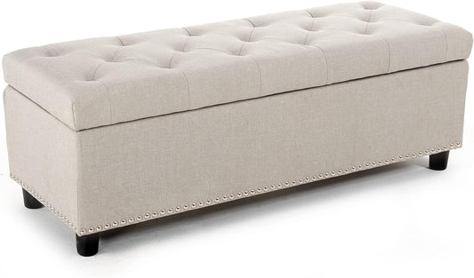 BELLEZE 47" Storage Ottoman, Storage Bench with Safety Close Hinge, Linen Button-Tufted Ottoman for Living Room, Entryway, Hallway, Foot Rest, Support 300lbs - Beige