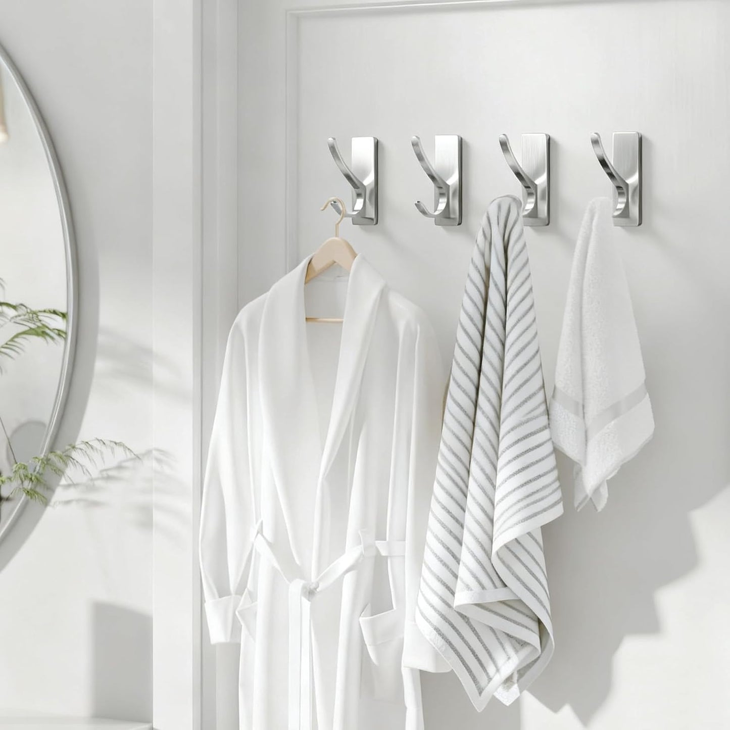 Self Adhesive Coat Hooks for Hanging: Heavy Duty Stainless Wall Hook for Towel, Backpack, Hat, Sturdy Metal Hanger for Bathroom, Bedroom, Door, Brushed Nickel, 6-Pack