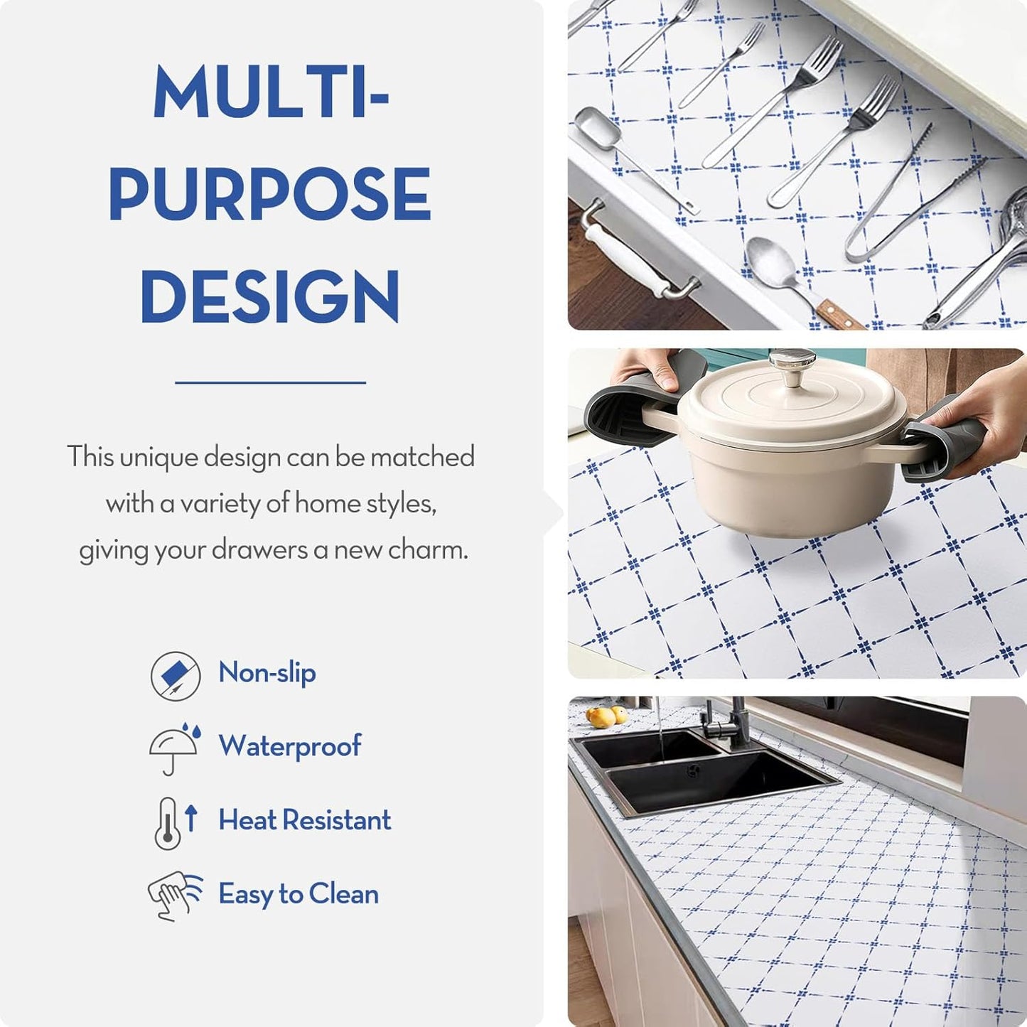 Drawer Shelf and Cabinet Liner, Thick Strong Grip,Shelf Liners Non-Adhesive Liners Protect Kitchen Cabinets and Cupboard, Bathroom Drawers,Under Sink Mat, 12" x10', Blue Stripe