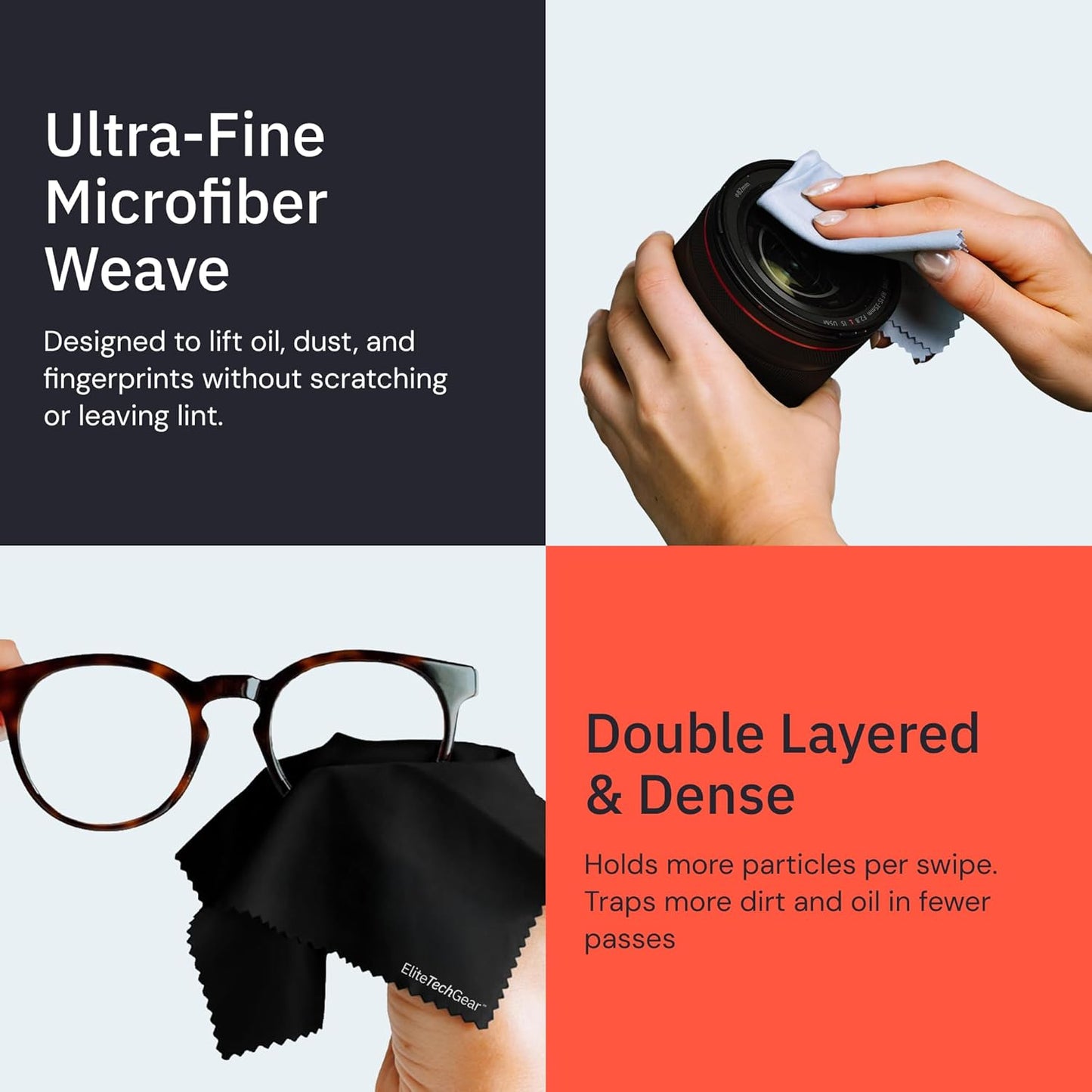 Elite Screens Microfiber Cleaning Cloth for Glasses & Electronics - 12" x 12", Pack of 4, Black - Lens Wipes, Eyeglass Cleaning Wipes & Lens Cloth for Smudge-Free Screens