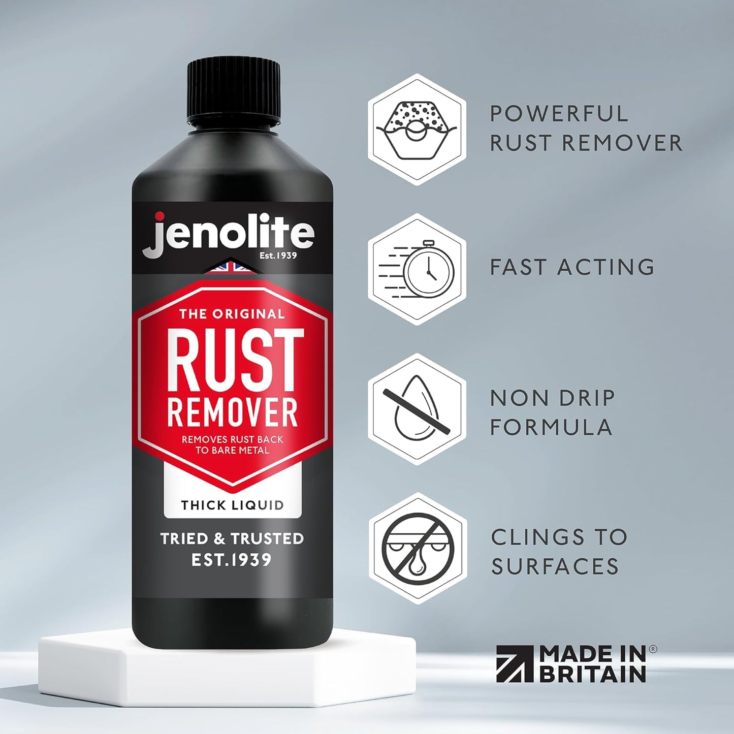 JENOLITE Rust Remover for Metal - Fast Acting No Drip Thick Liquid - Industrial Strength, Removes Rust Back to Bare Metal - 17oz (500ml)