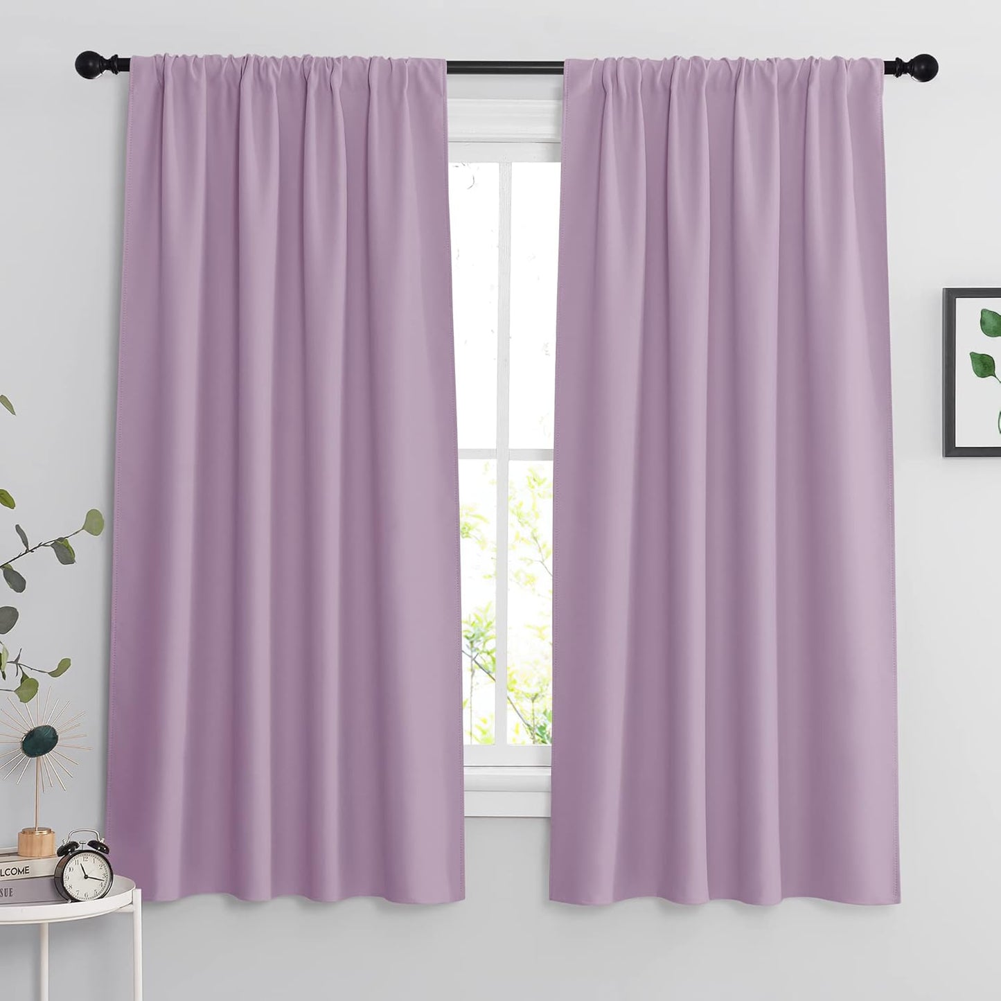 RYB HOME Bedroom Curtains Solid Blackout Panels Rod Pocket Thermal Insulated Window Drapes for Living Room, 42 Width x 63 inch Length 2 Panels Set, Lilac