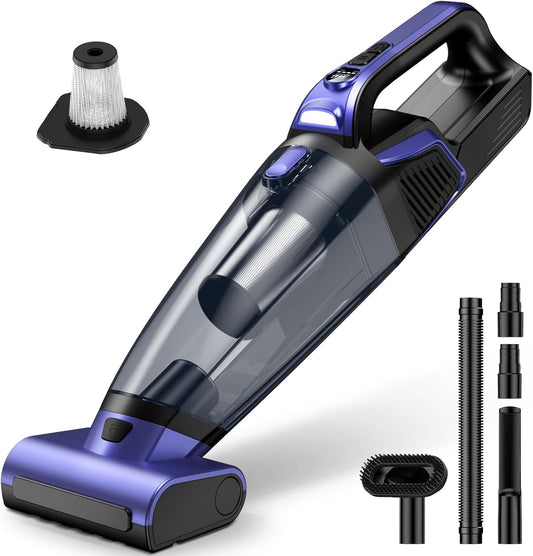 Pet Hair Handheld Vacuum Cordless: 20000PA High Power Car Vacuum with Motorized Brush and LED Light, Rechargeable Hand Held Vacuum Cleaner with Reusable Filter for Car, Home, Office & Pet, Purple