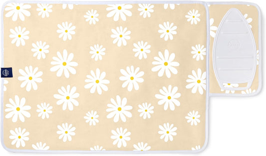 Encasa XO Ironing Mat/Pad (Small 28"x20") with 3mm Padding & Silicone Iron Rest for Steam Pressing on Tabletop or Bed - Heat Resistant, Portable, Quilting & Travel Blanket - Daisy Beige