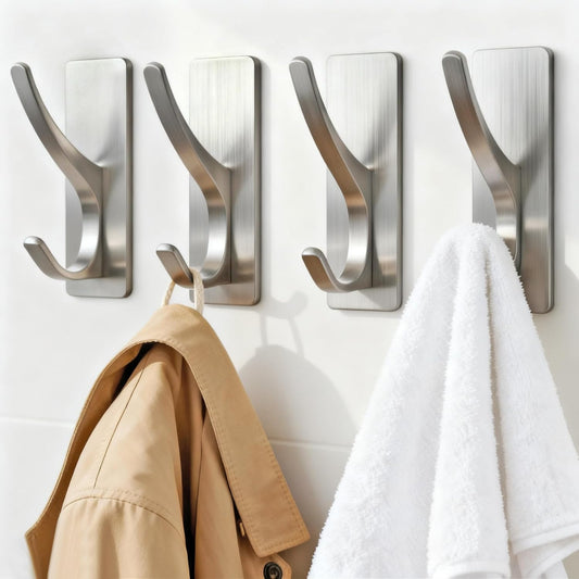 pickpiff Self Adhesive Coat Hooks for Hanging: Heavy Duty Stainless Wall Hook for Towel, Backpack, Hat, Sturdy Metal Hanger for Bathroom, Bedroom, Door, Brushed Nickel 4 Pack