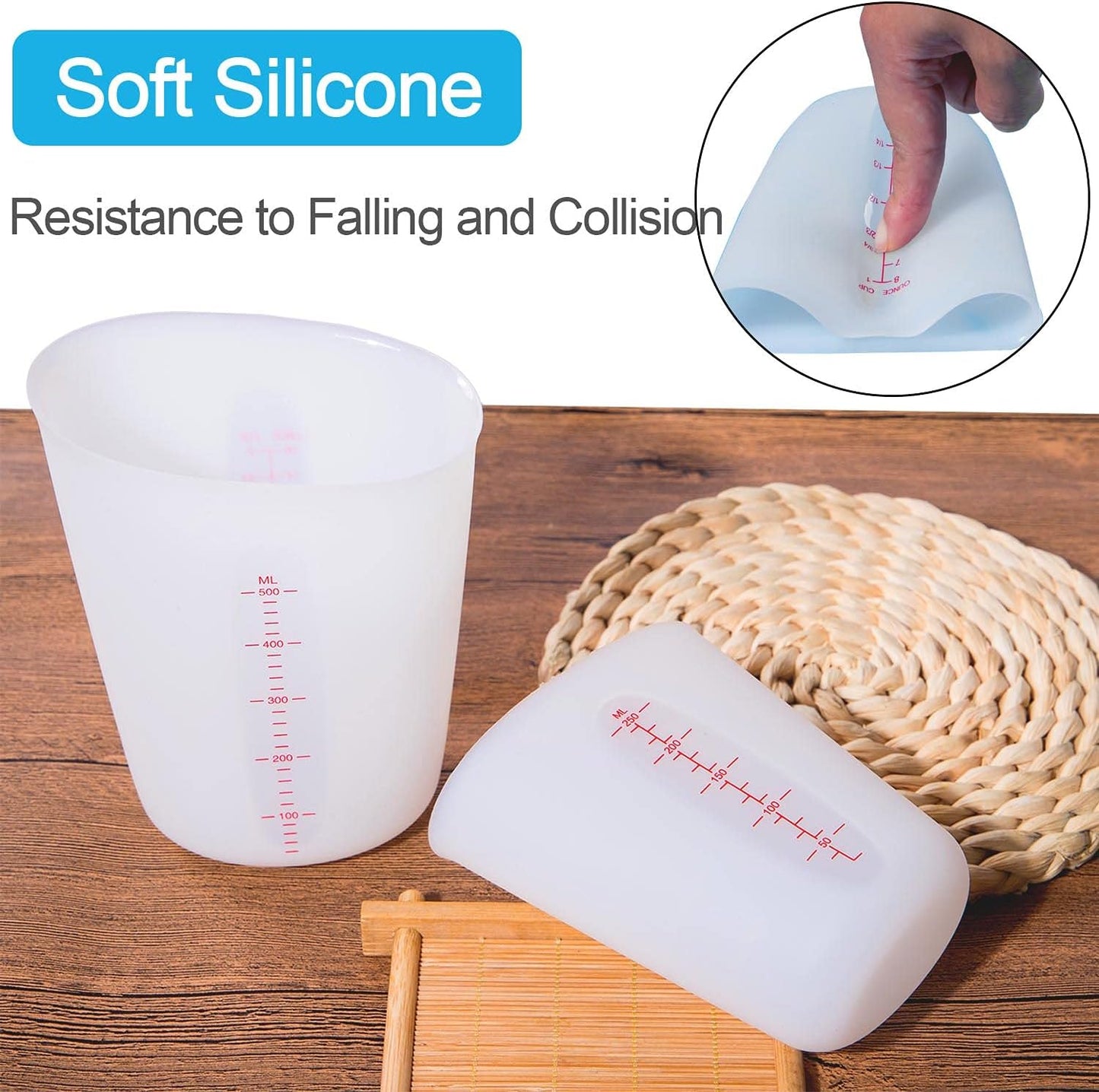 Silicone Measuring Cups, 500ml & 250ml Large Flexible Mixing Cups, 2 Cups Pour Baking Cups for Epoxy Resin, DIY, Jewelry Making, Cooking