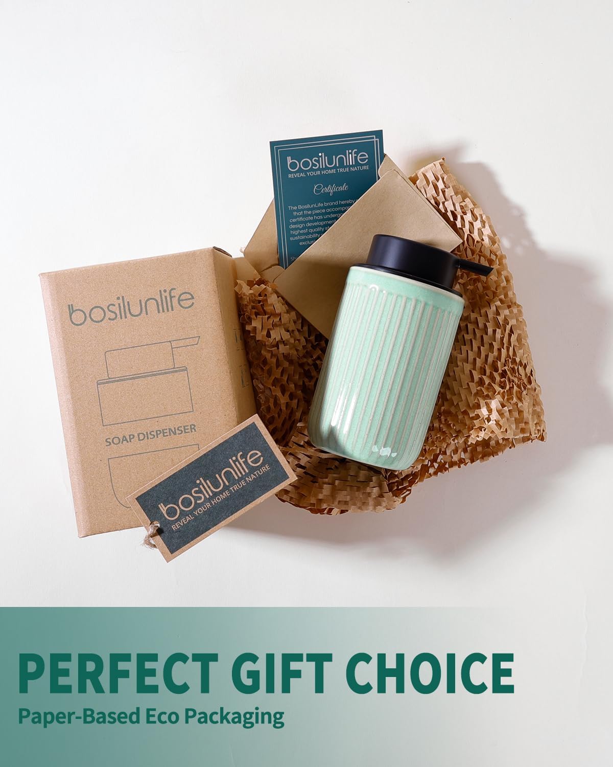 BosilunLife Dish Hand Soap Dispenser - Liquid Pump Soap Dispenser for Bathroom Deco Light Green 12oz Ceramic Kitchen Dish Dispenser with Rust-Proof Liquid Pump Modern Refillable Lotion Bottles