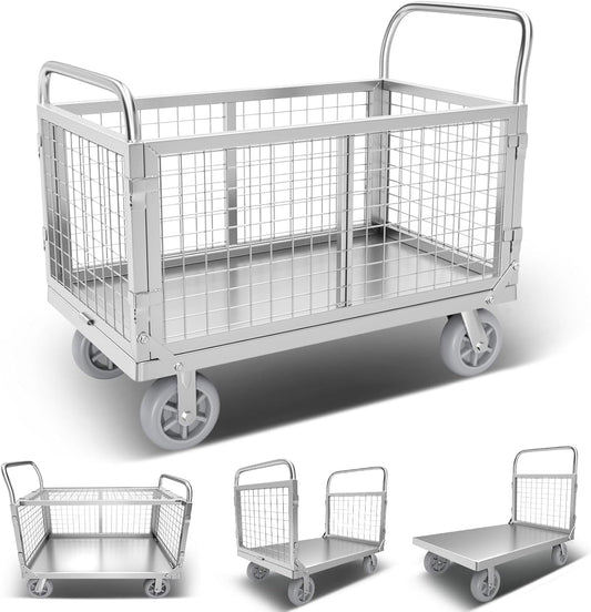 Platform Truck with Cage, 6 in1 Foldable Heavy Duty Steel Flatbed Cart, Large Utility Cart w/Industrail Solid Casters, Load 2000LBS Multi-Purpose Push Dolly for Grocery/Laundry/Stall/Warehouse